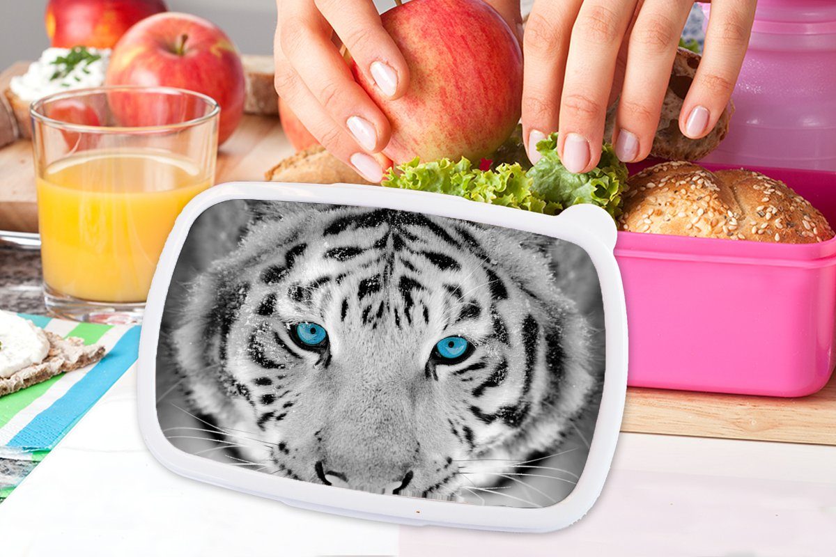 - Kinder, Brotbox rosa Tiere, Mädchen, MuchoWow Erwachsene, Kunststoff, - Lunchbox (2-tlg), für Brotdose Kunststoff Winter Snackbox, Tiger