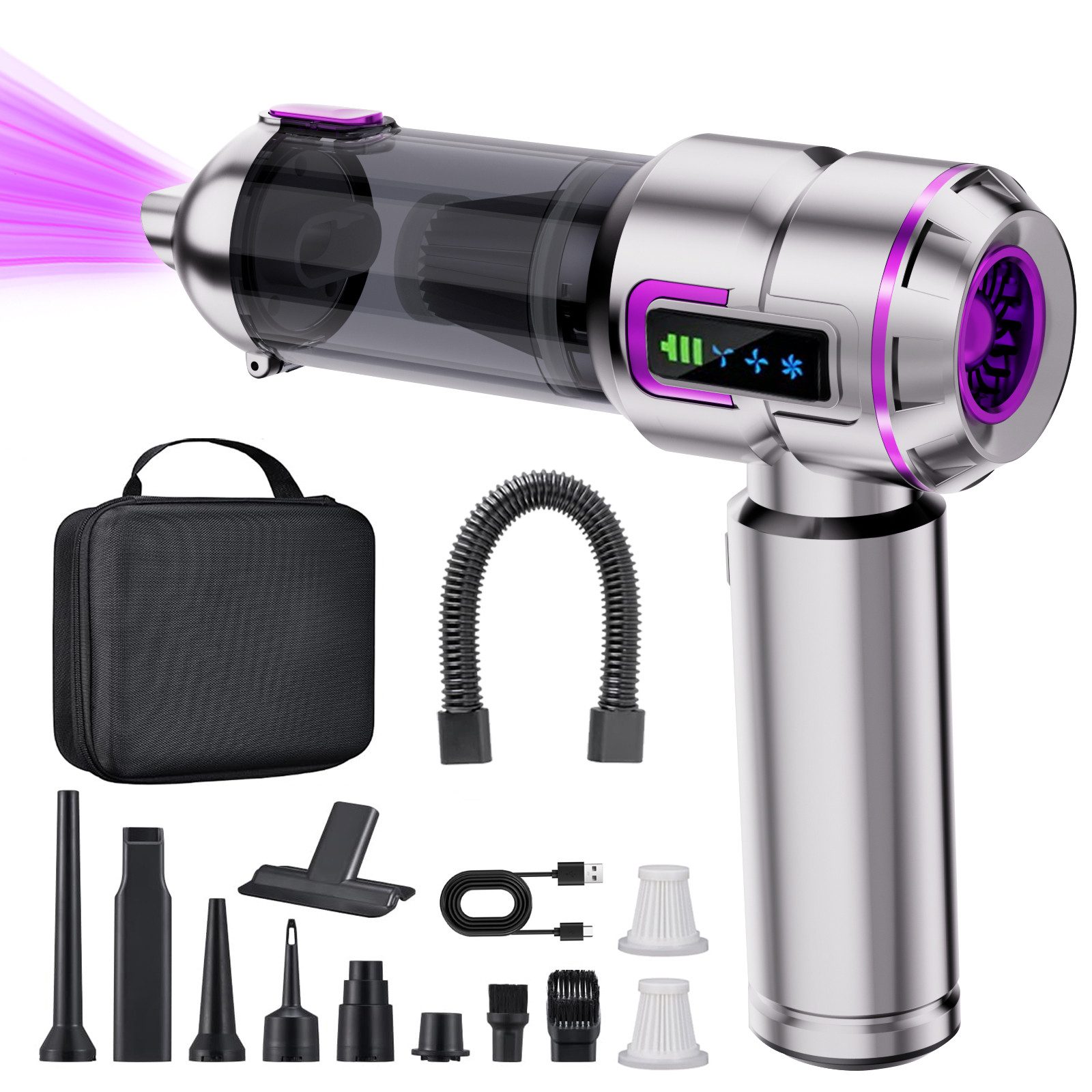 DiliDala Akku-Handstaubsauger Kabellos 27000Pa, 220000 U/min, mit Beutel, Tragbar mit Saug-/Blasfunktion, für Auto/Küche/PC