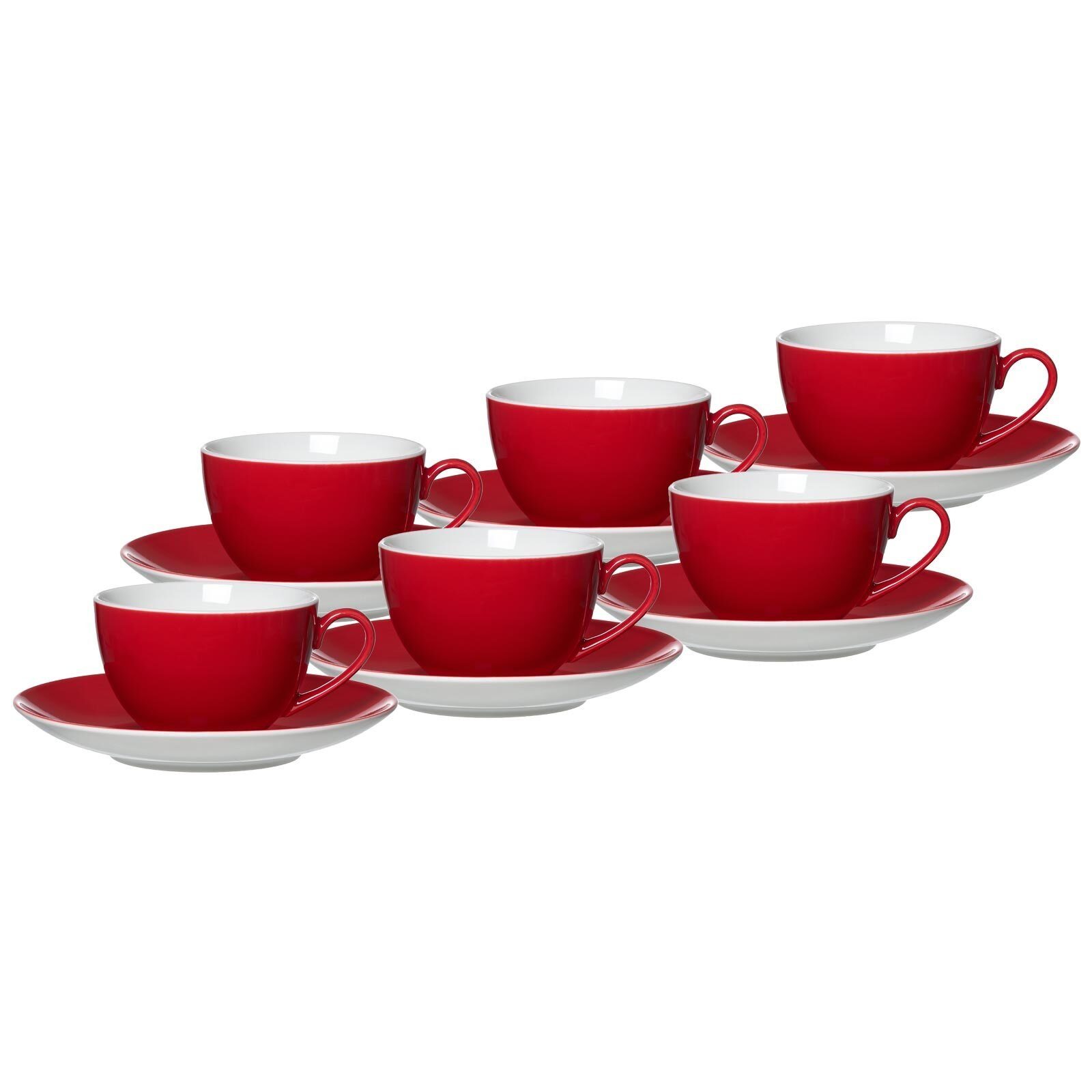 Ritzenhoff & Breker Tasse Doppio Kaffeetassen mit Untertassen 200 ml 6er Set, Porzellan Rot