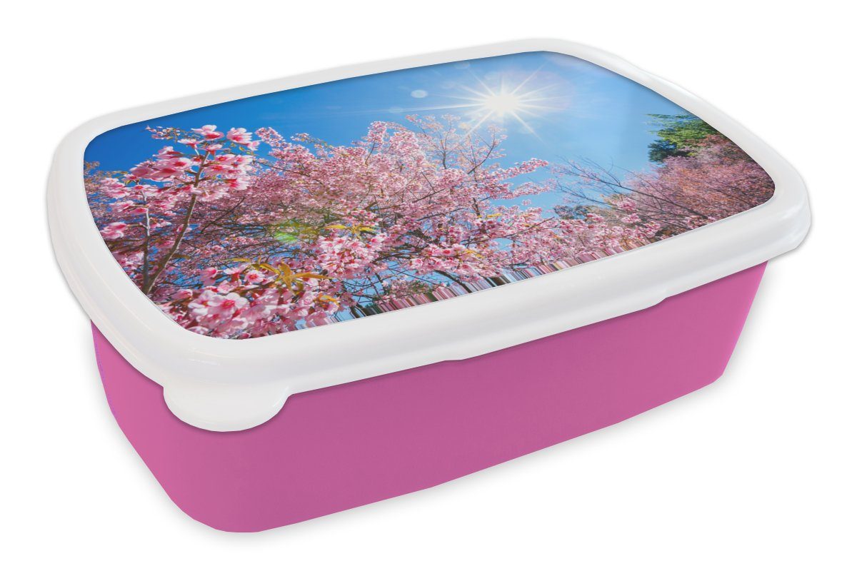 MuchoWow Lunchbox Sakura - Blumen - Rosa, Kunststoff, (2-tlg), Brotbox für Erwachsene, Brotdose Kinder, Snackbox, Mädchen, Kunststoff