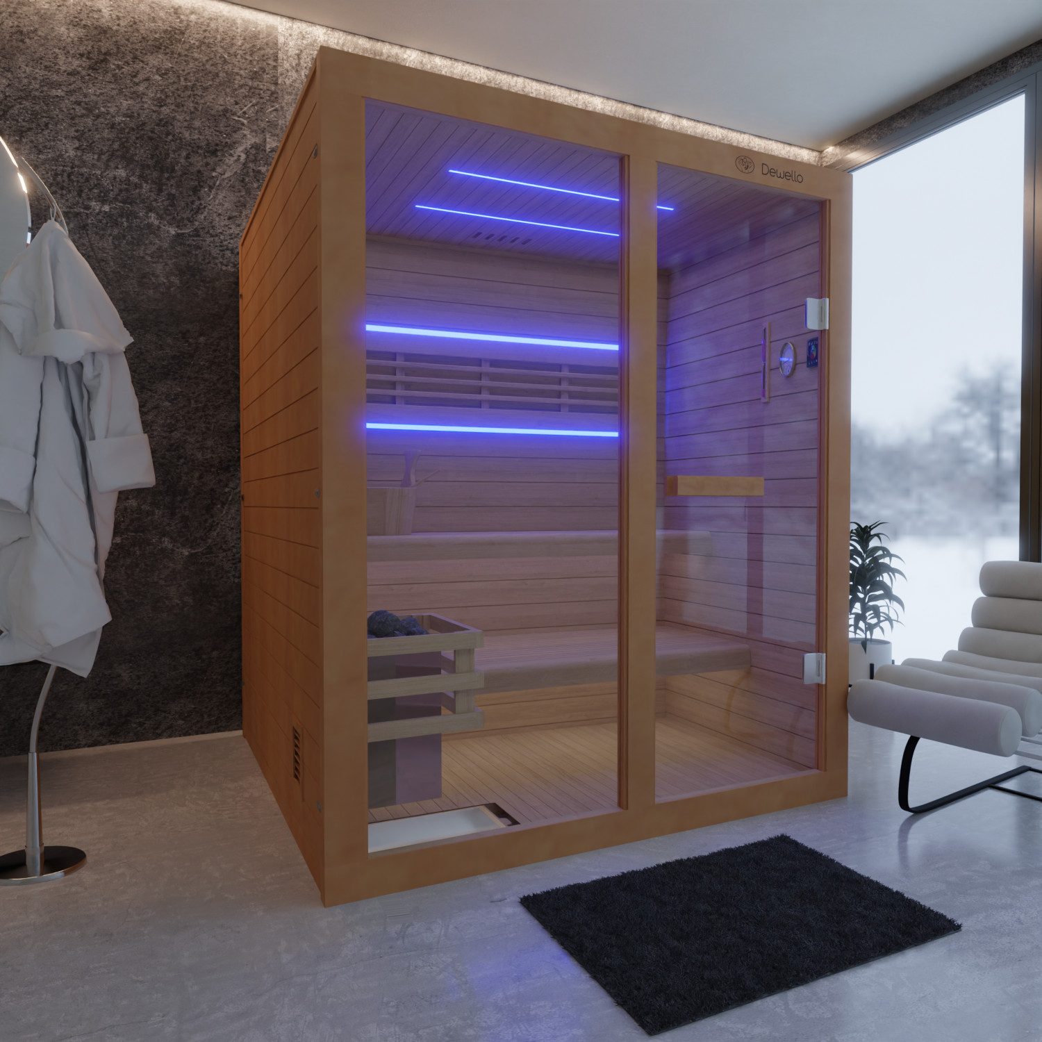 Dewello Eckdusche TOFINO 160x150 Finnische Sauna, 3 Personen, Saunaofen, Harvia 4,5KW, Sauna aus Hemlock-Tannenholz, leichter Aufbau dank Stecksystem – Bild 3 von 5