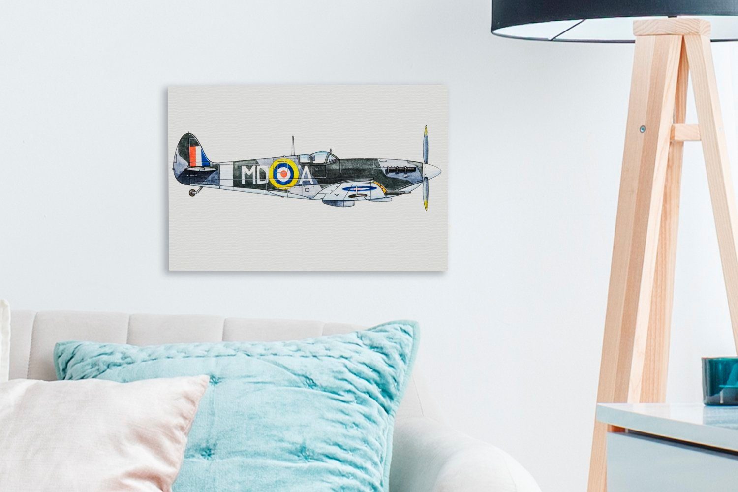 OneMillionCanvasses® Leinwandbild Eine Illustration eines weißen Spitfire Hintergrund, 30x20 St), vor cm Aufhängefertig, einem Wandbild Leinwandbilder, (1 Wanddeko