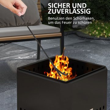 Outsunny Tischfeuer Feuerschale, rauchfreier Feuerkorb mit Schürhaken (quadratischer Feuerstelle, 1-St., Feuerschale), für Garten, Camping, Terrasse, Metall, Schwarz