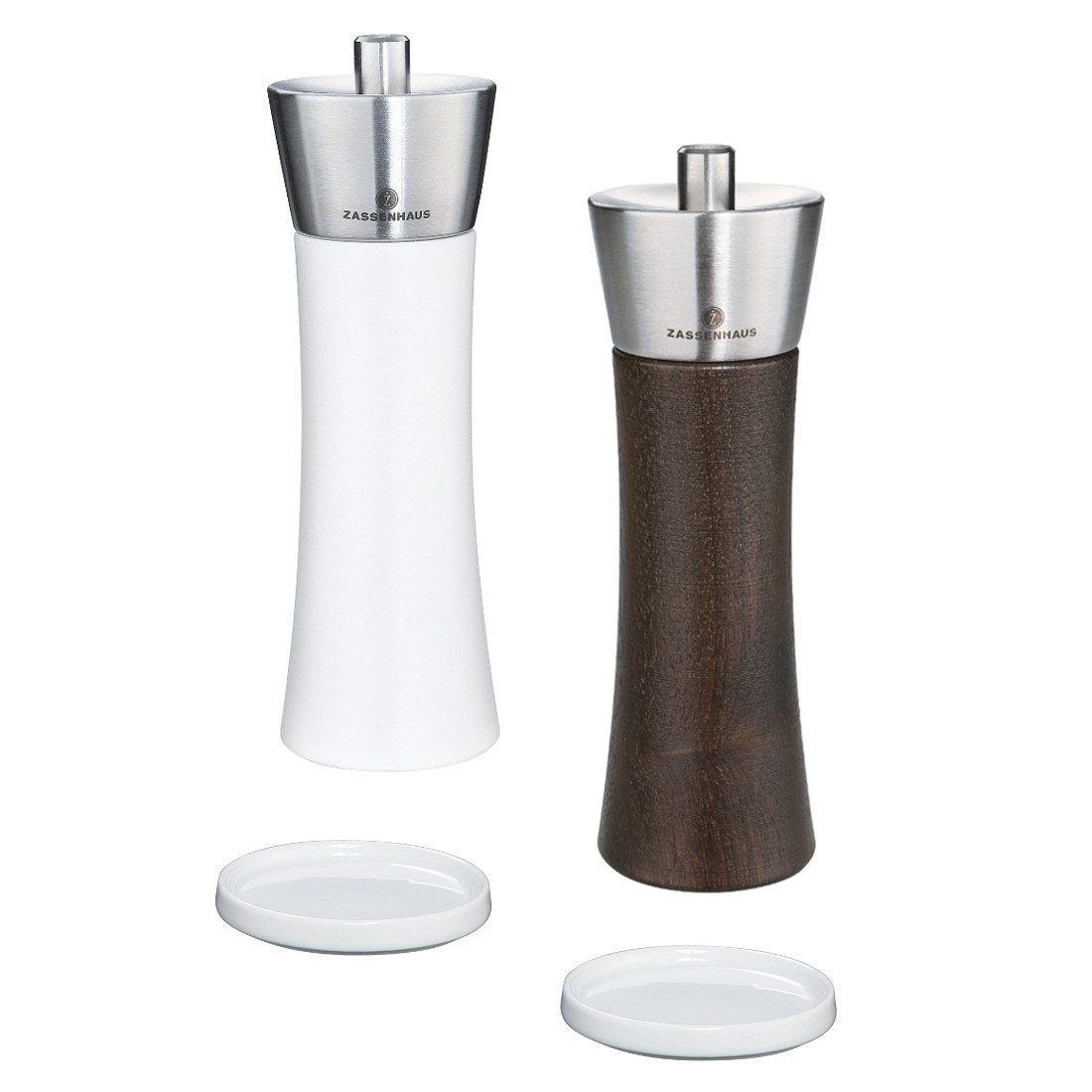 Salz-/Pfeffermühle Mühlen-Set Augsburg braun weiß mit Porzellanuntersetzer