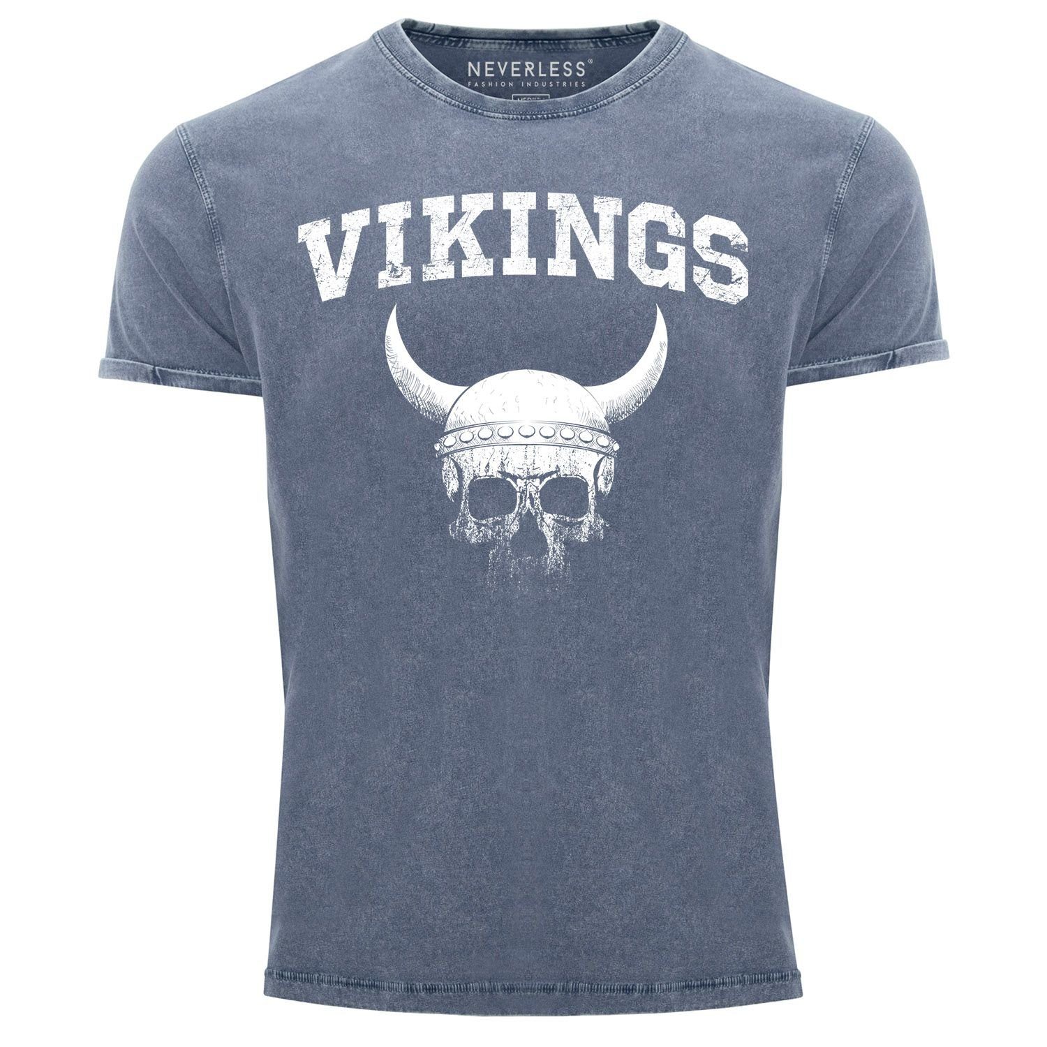 Neverless Print-Shirt Herren Vintage Shirt Wikinger-Helm Skull Totenkopf Printshirt T-Shirt mit Print