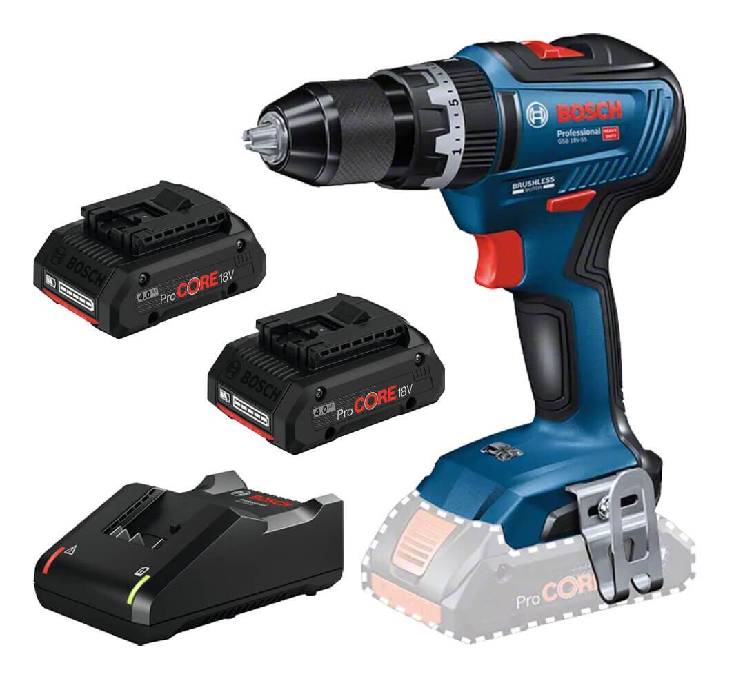 BOSCH Akku-Schlagbohrschrauber GSB 18V-55, 18 V, Mit 2x Akku ProCORE 4 Ah und Ladegerät - im Karton