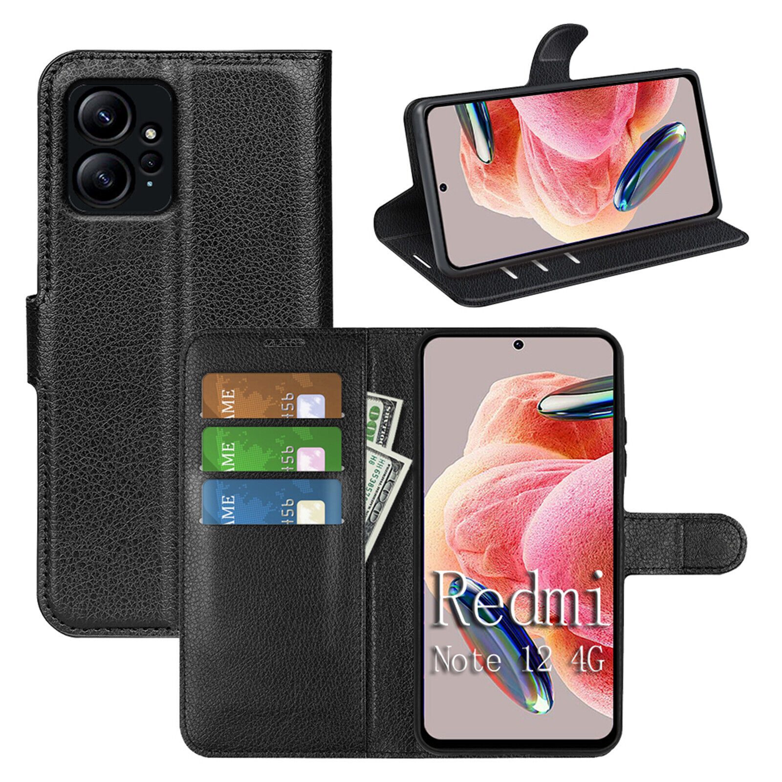 betterfon Handyhülle Handytasche für Xiaomi Redmi Note 12 4G Schutzhülle Klapphülle Schwarz, 3 Kartenfächer, Magnetverschluss & Standfunktion im Lederlook