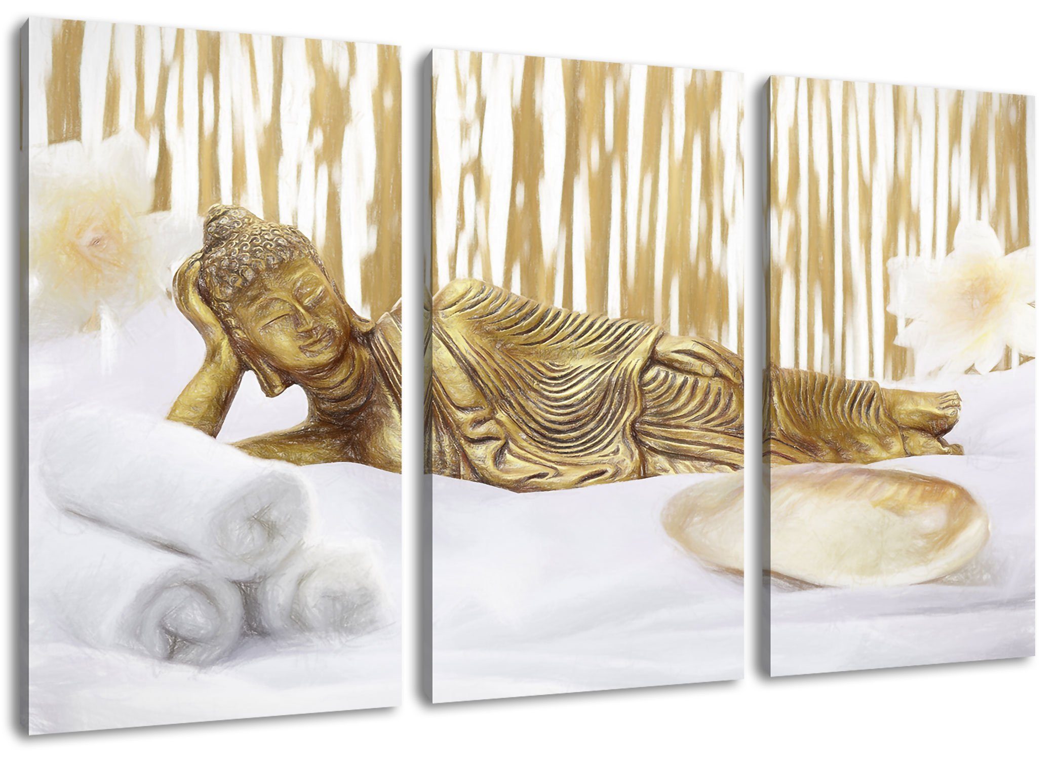 Pixxprint Leinwandbild goldener Buddha auf Handtuch, goldener Buddha auf Handtuch 3Teiler (120x80cm) (1 St), Leinwandbild fertig bespannt, inkl. Zackenaufhänger