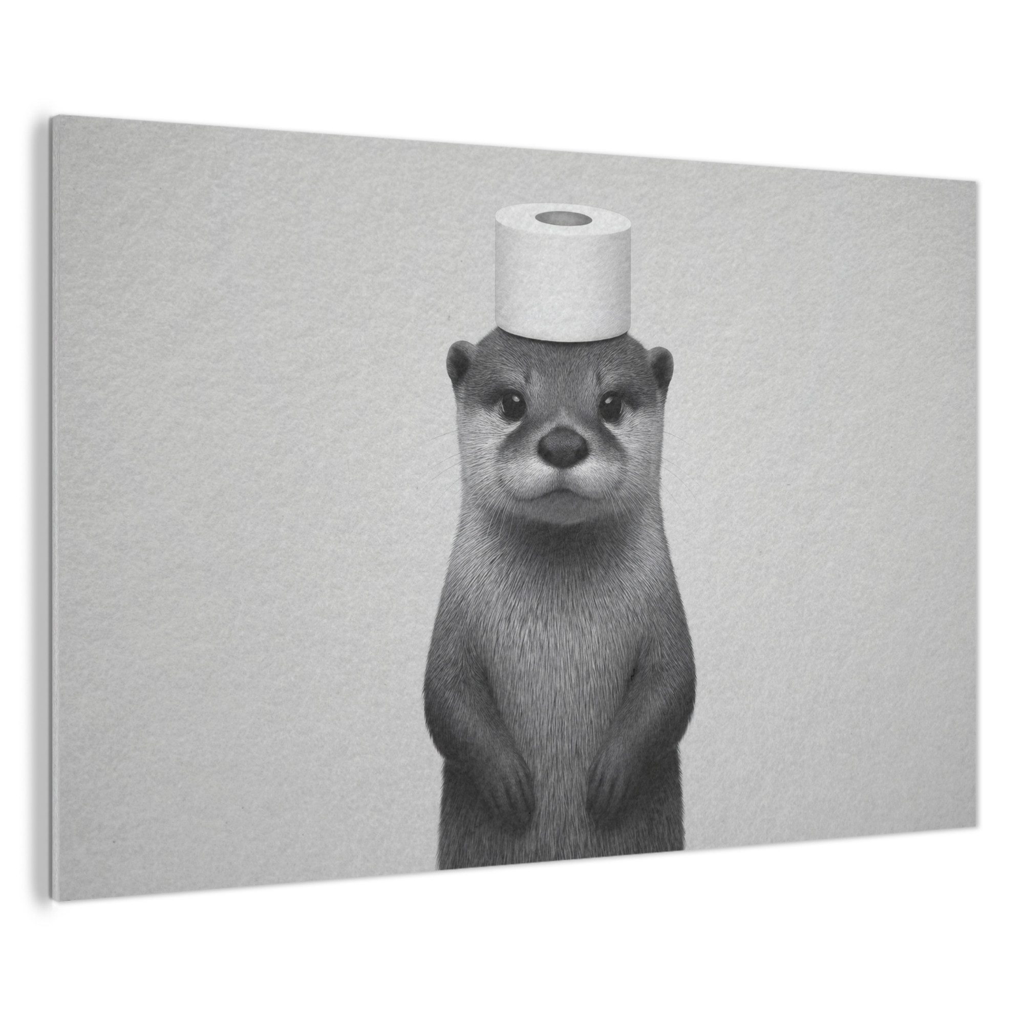 MuchoWow Gemälde Otter - WC-Rolle - Schwarz - Weiß, Fotodruck (1 St), Akustikbilder XXL, Wandpaneele, Schalldämmung, Paneele 140x90 cm