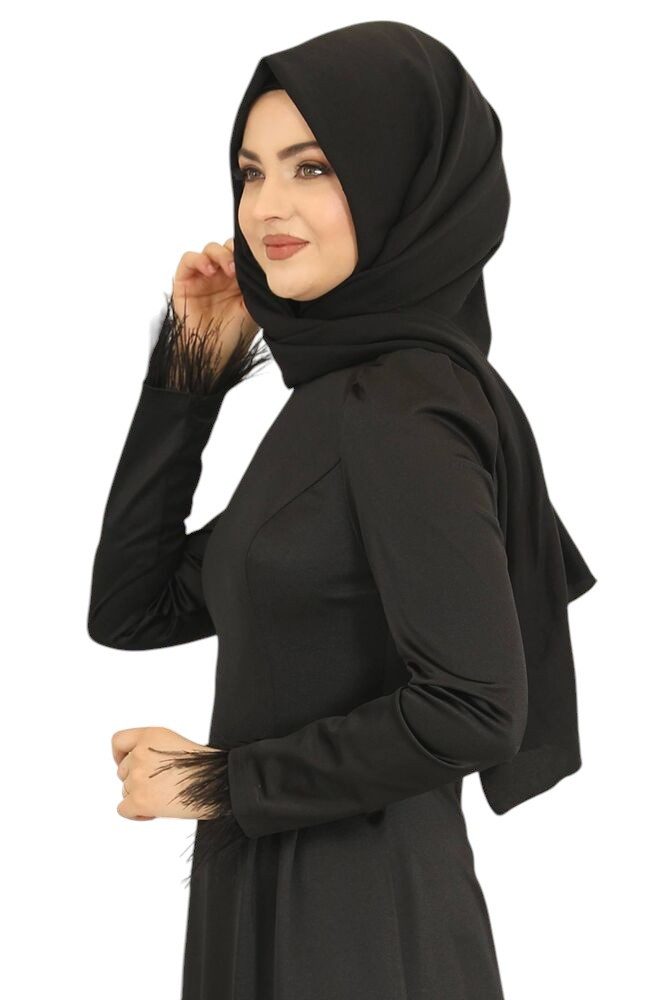 fashionshowcase Satinkleid Damen Abendkleid schlicht Abiye Abaya Modest Fashion Federdetails am Saum und an den Ärmelabschlüssen