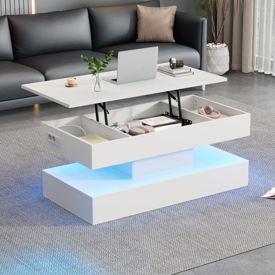 OKWISH Couchtisch Beistelltisch mit hydraulischem Hub (Satztisch, Wohnzimmertisch, 1-St., 50 kg belastbar), mit LED-Beleuchtung und verstecktem Stauraum