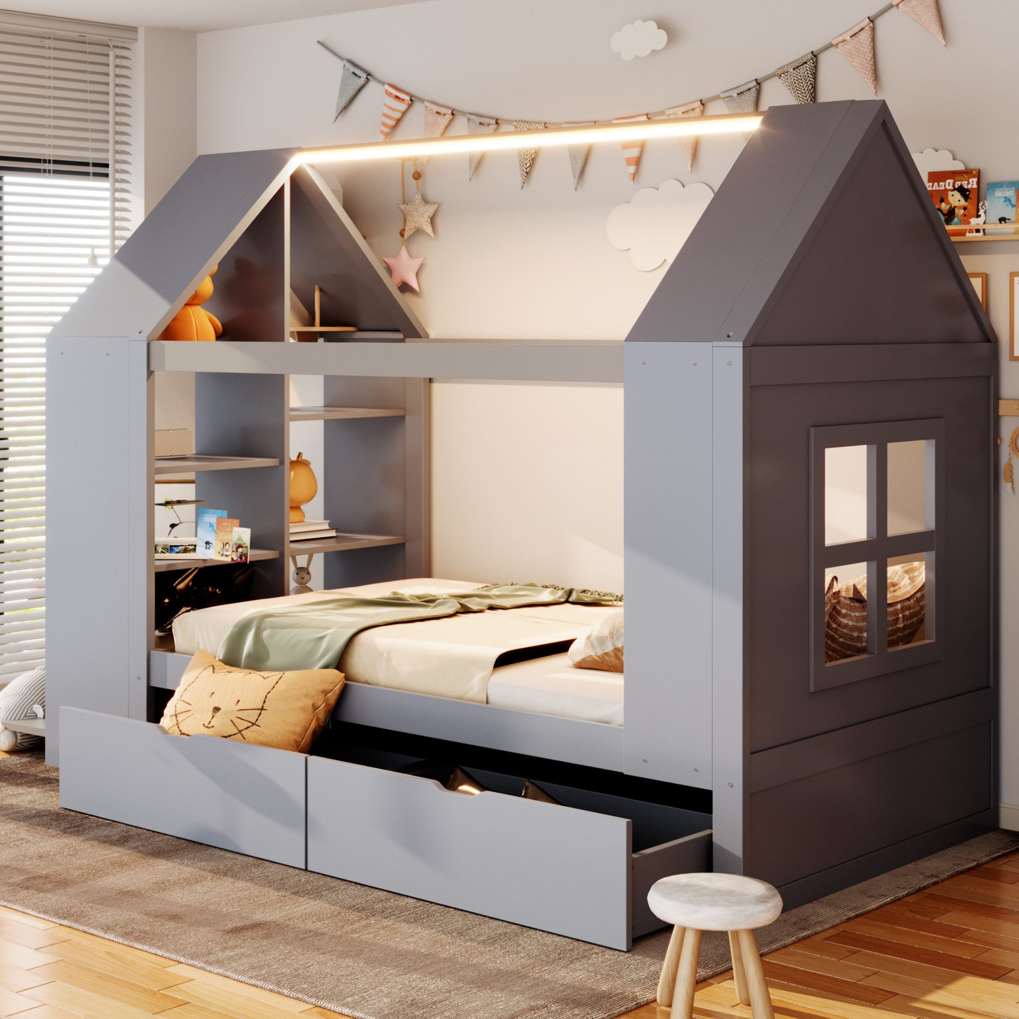 BlingBin Kinderbett Hausbett Holzbett (1-tlg., Hausförmiges Design,mit zwei Schubladen,mit LED, mit Stauraum), Geeignet für Kinder, Jugendliche,Grau,90*200cm