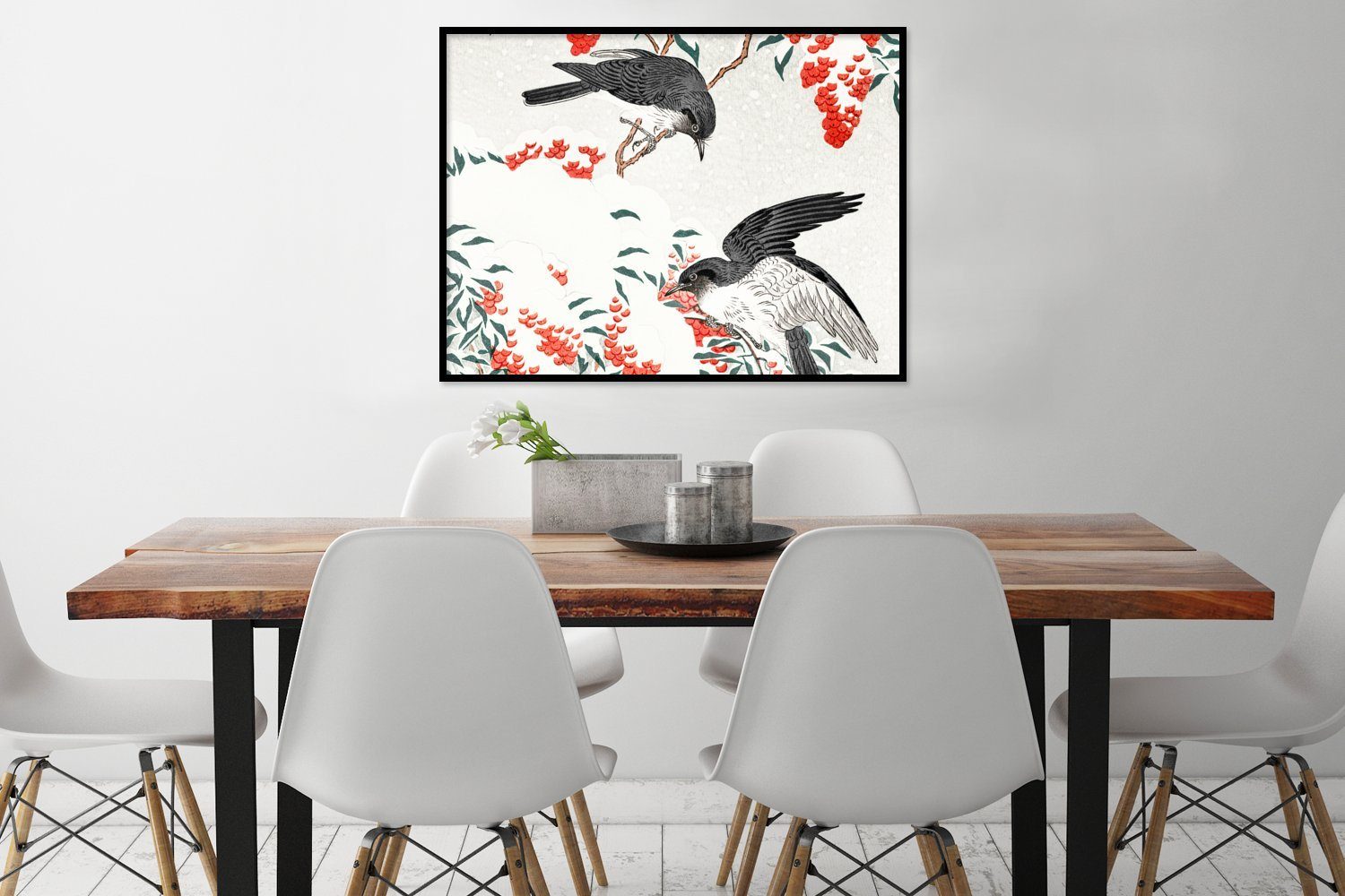 MuchoWow Poster Beere - Vögel - Japan - Schwalbe, (1 St), Gerahmtes Poster, Wanddeko, Bilder, Wandposter, Schwarzem Bilderrahmen