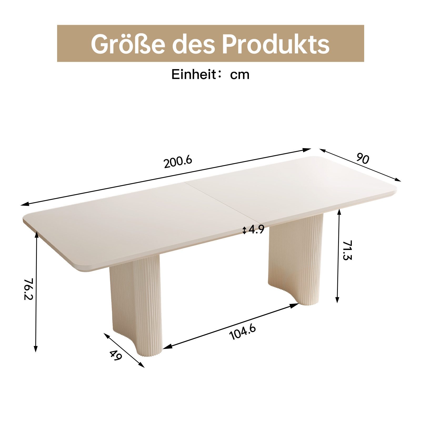 Guyii Esstisch 200 cm Cremeweiß, rechteckiger Küchentisch mit runden Ecken (1-St), stabile Verdickte Beine, pflegeleicht, minimalistisches Design