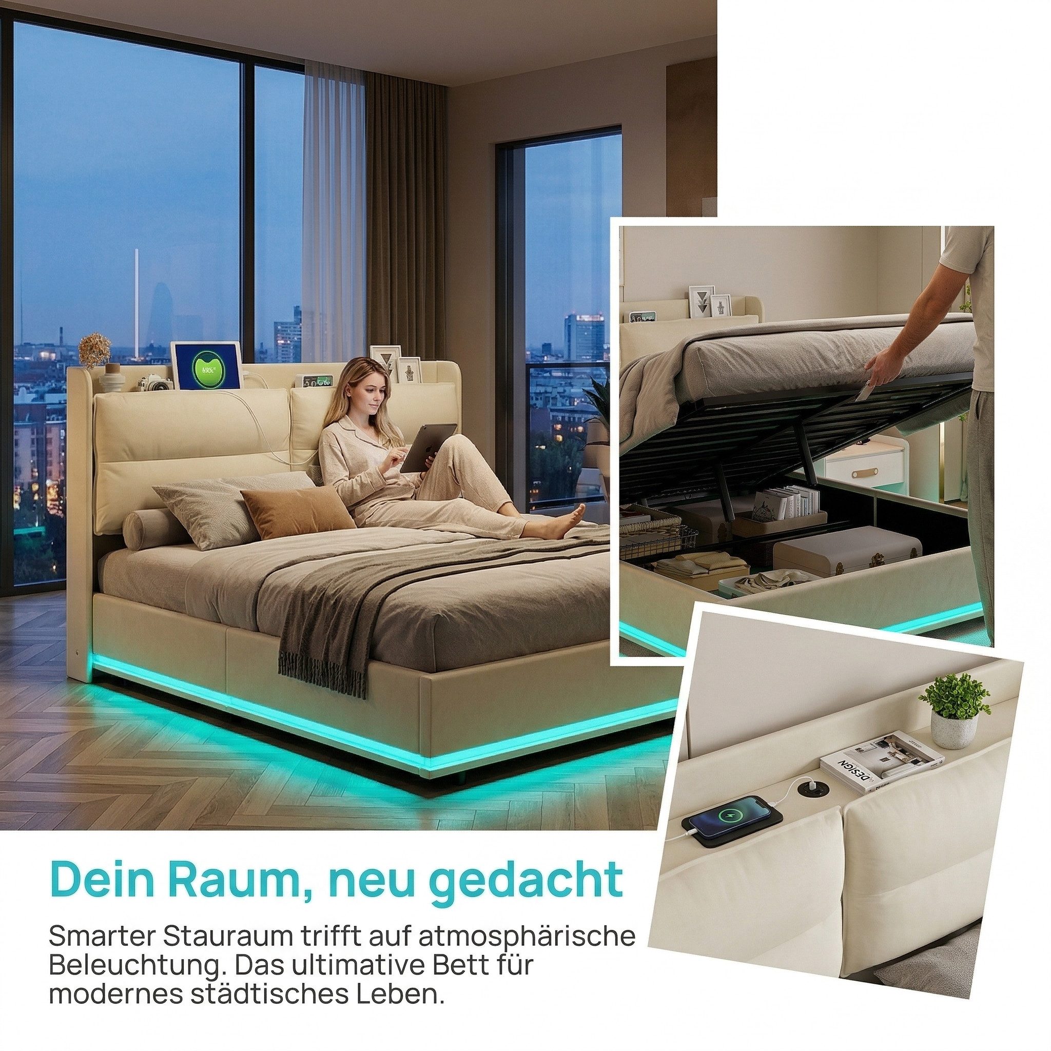 PXloue Polsterbett Hydraulisches Stauraumbett Doppelbett, Kopfteil mit Drahtloses Aufladen, USB and type C Ladeport, 140x200 cm – Bild 2 von 5