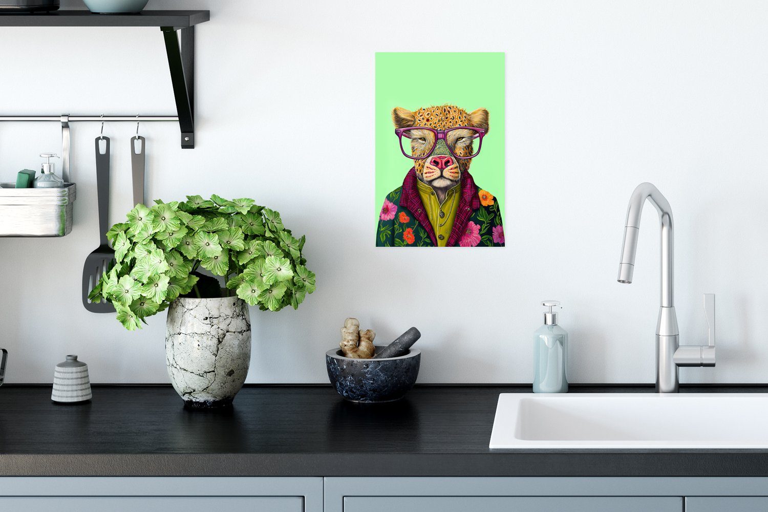 - (1 Wandbild, Brille Design, Hund Wandposter Poster, Wohnzimmer, - St), - Ohne für Poster MuchoWow Tiere Rahmen
