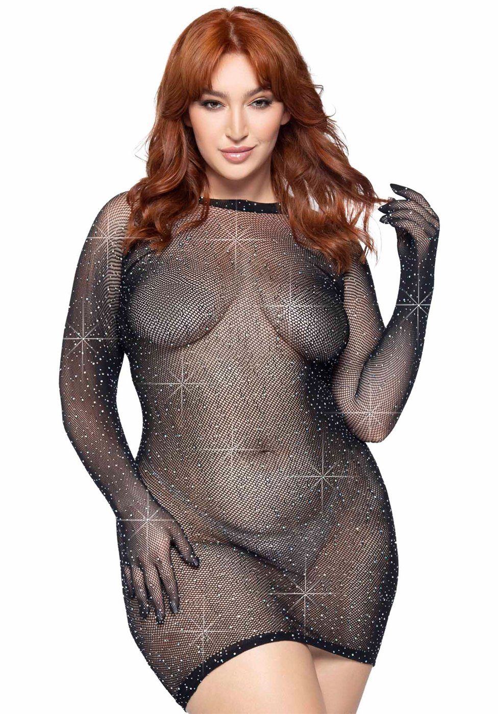 Minikleid Netz-Kleid mit integrierten Handschuhen Queensize - schwarz