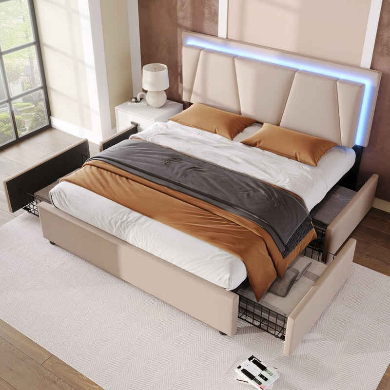 BlingBin Einzelbett Polsterbett Stauraumbett (1-tlg., mit LED-Beleuchtung, Höhenverstellbarem Kopfteil, Vier Schubladen), 140×200CM, Lattenrost aus Holz
