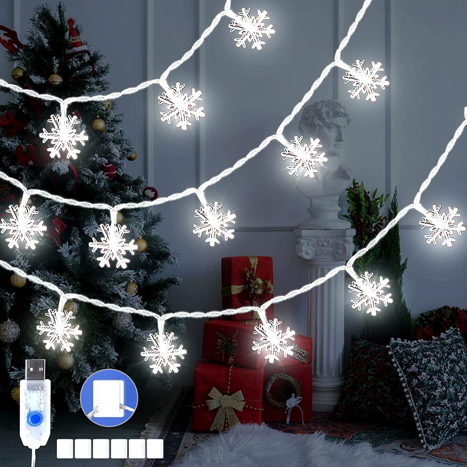 Daskoo LED-Lichterkette Weihnachtsbeleuchtung Lichterkette USB Schneeflocke Weiß Licht 5M, 50-flammig, Mit einem 100cm langen Kabel | Lichterketten