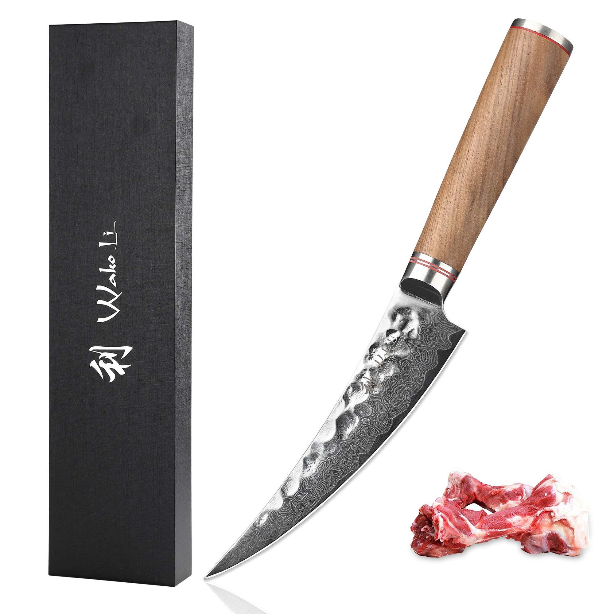 Wakoli Ausbeinmesser Nussbaum Damast Filetiermesser I 16 cm Klinge I Nussbaumholzgriff, Damaststahl, VG10