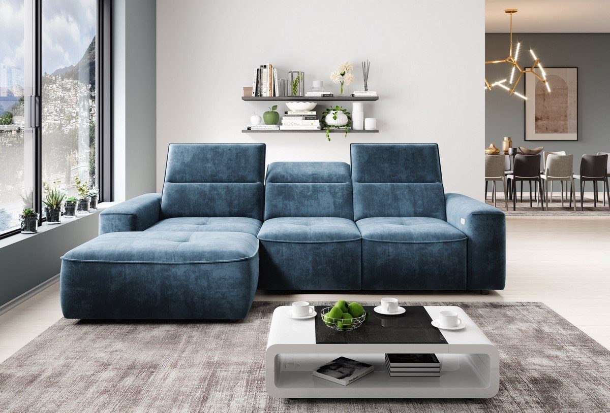 Sofa Dreams Ecksofa Cosmo L Form Mini blau, Bettkasten, verstellbare  kopfstützen, elektrisch verstellbare Sitze