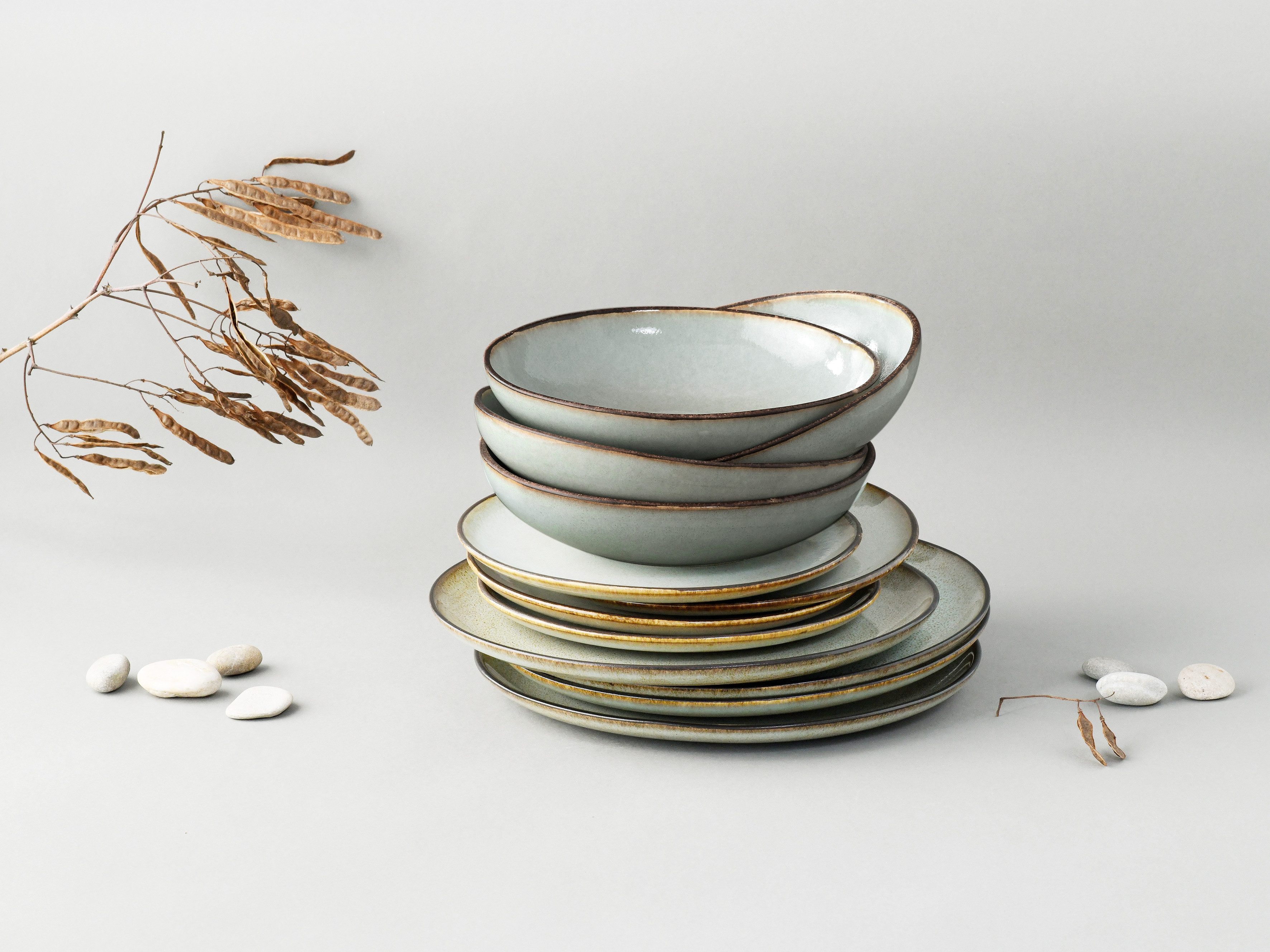 CreaTable Tafelservice Teller Set, Geschirr-Set Stone Town (12-tlg), 4 Personen, Steinzeug, Service, organische Form, Handmade Charakter, 12 Teile, für 4 Personen