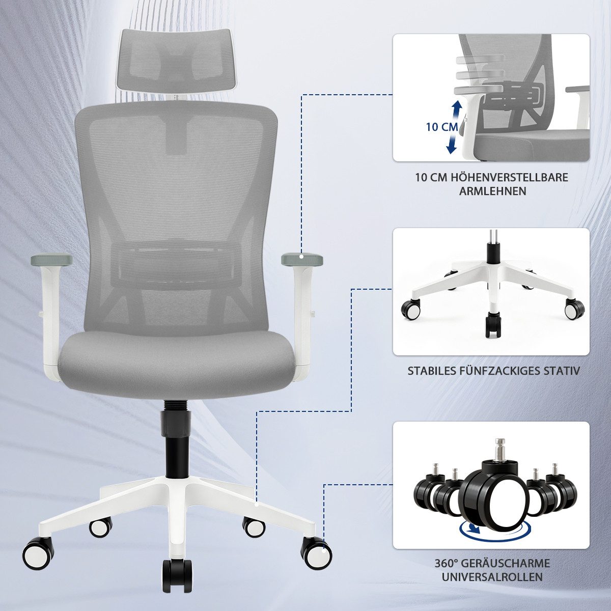 Durrafy Bürostuhl 200kg Ergonomischer Bürostuhl-Verstellbare Lordosenstütze (Verstellbare Lendenwirbelstutze + Kopfstutze + hohenverstelbare Armlehnen),bis zu 130° neigbar, atmungsaktives Netzgewebe, Drehstuhl),bis zu 130° neigbar, atmungsaktives Netzgewebe, Drehstuhl