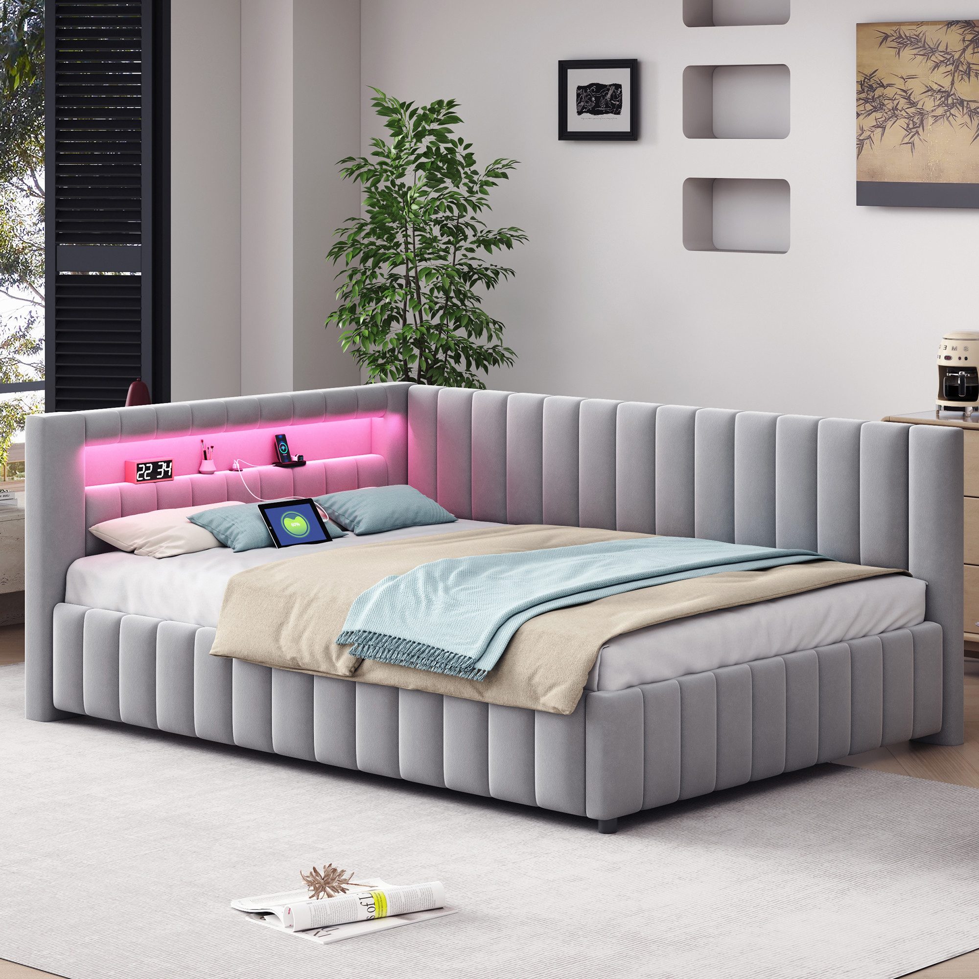 Flieks Daybett, Polsterbett Schlafsofa 140x200cm mit LED Beleuchtung USB-Ladeanschluss