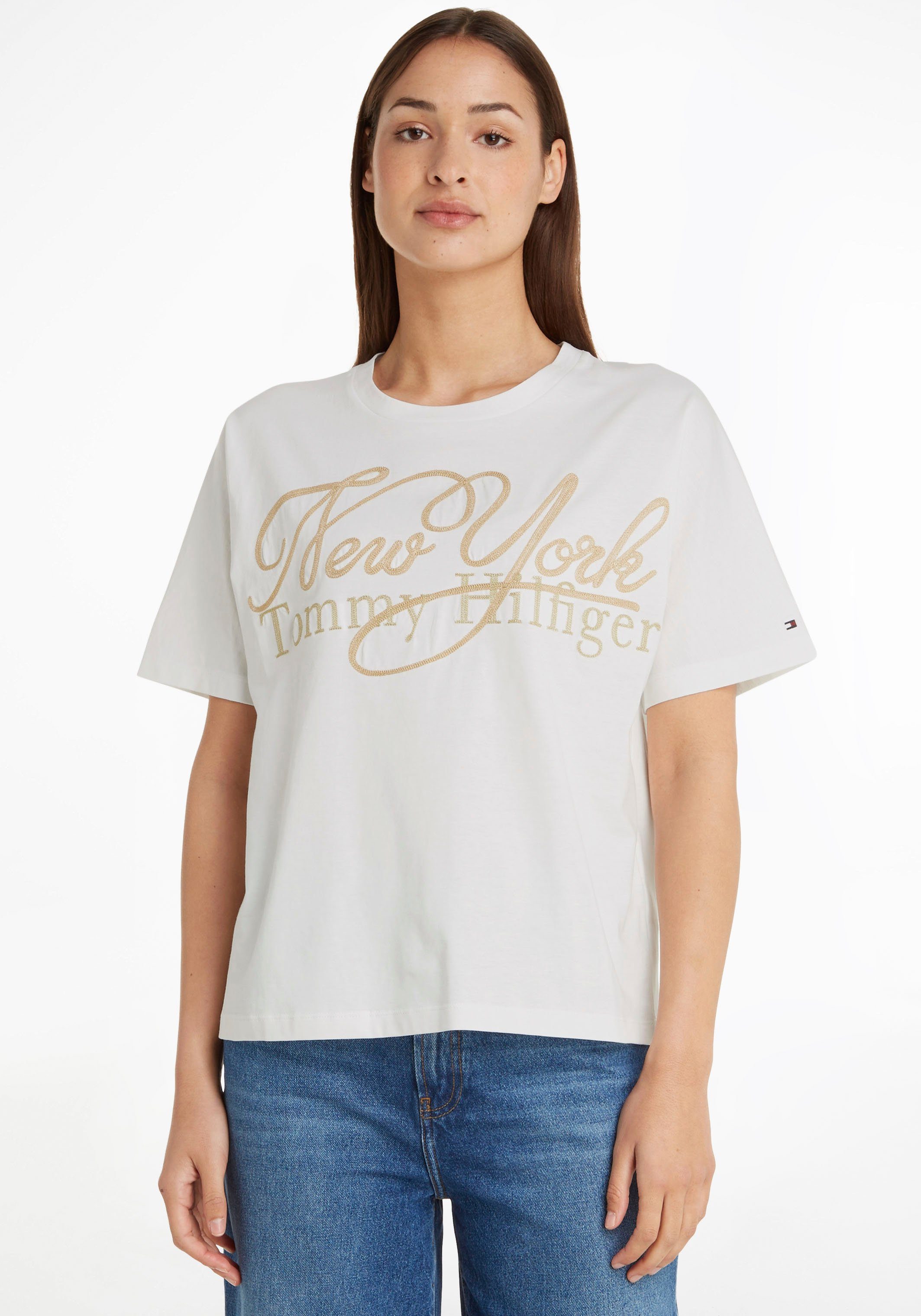 Tommy NY C-NK metalicfarbenen Markenlabel T-Shirt mit METALLIC Hilfiger & SS Hilfiger Ecru RLX Tommy Print