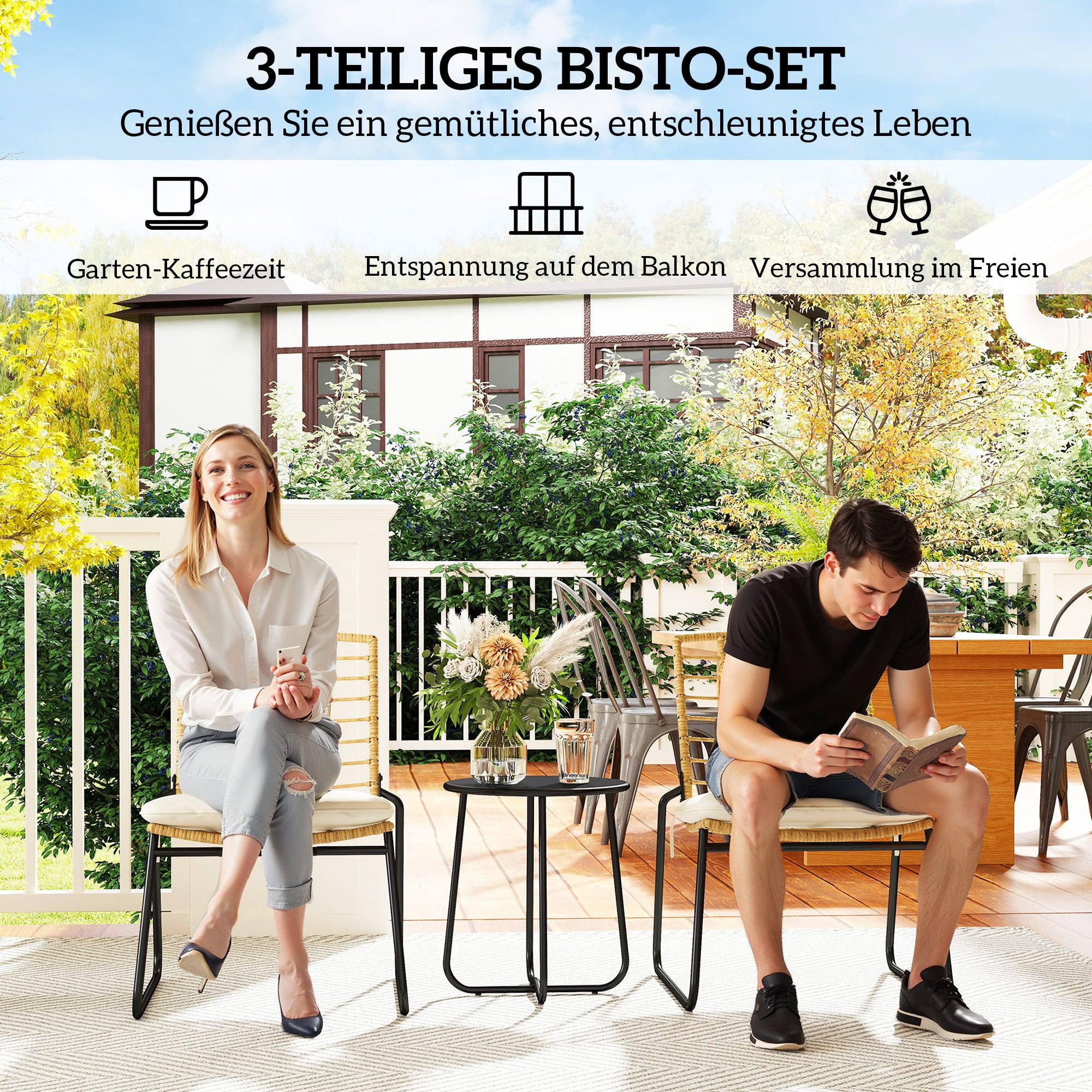 Outsunny Gartenlounge-Set Outdoor Sitzgruppe mit 2 stapelbar Stühle, Tisch, Kissen wetterfest, (Balkonmöbel Set für 2 Personen, 3-tlg., Rattan Gartenmöbel Set), – Bild 4 von 5