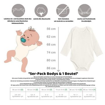 biorganic T-Shirt-Body (5er Pack) für Jungen und Mädchen, Unisex, Ecru Baby Body (Set, 6-tlg., 5er-Pack Bodys & 1 Beutel) Unterhemden 100% Bio-Baumwolle GOTS-zert. mit praktischen Druckknöpfen