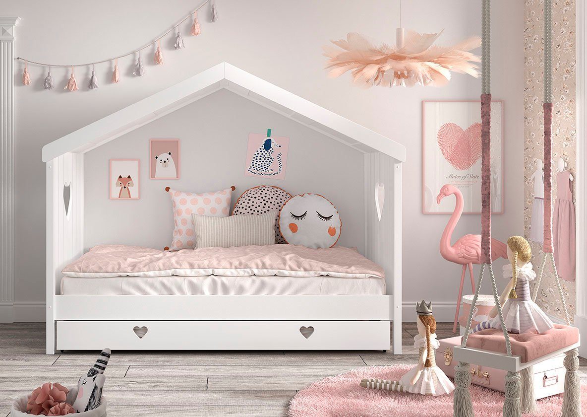 Vipack Hausbett Amori, inkl. Dach, Rückseitig offen, mit Rolllattenrost (B/H/T ca. 213x171,7x98,7cm, verspielte Herz-Ausschnitte seitlich), wahlweise, mit oder ohne Schublade und Absturzschutz, weiß lackiert