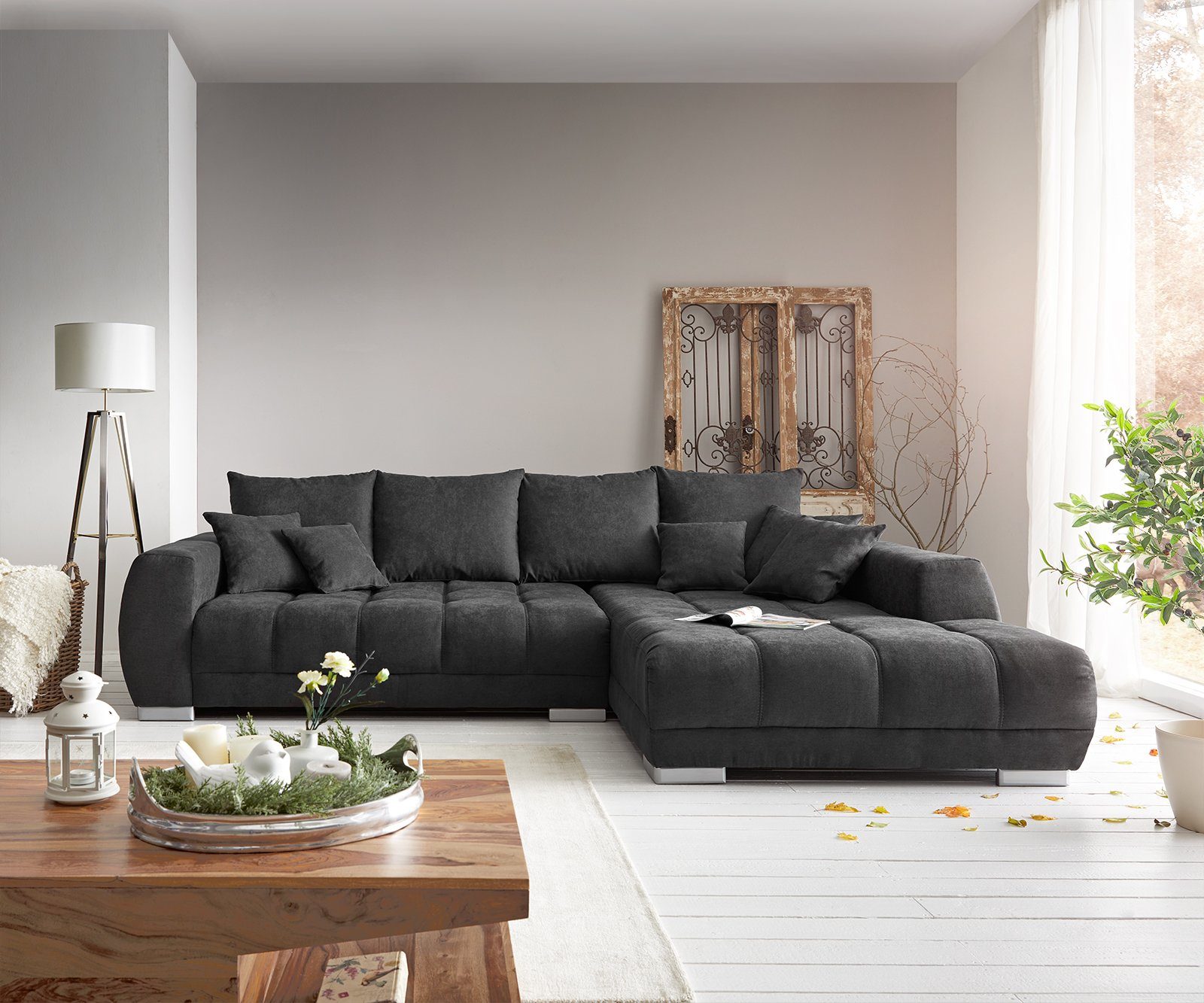 DELIFE Wohnlandschaft Josea, Mikrofaser Schwarz Recamiere Ecksofa 300x220 cm rechts