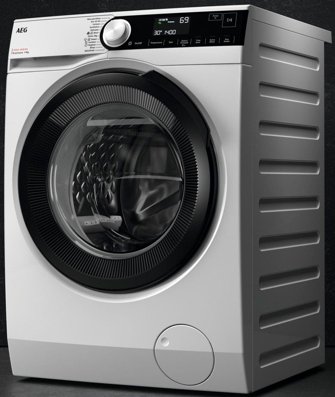 Waschmaschine weniger Dampf-Programm 96 Wasserverbrauch kg, 9 - % LR7A70490, 7000 ProSteam AEG für U/min, 1400
