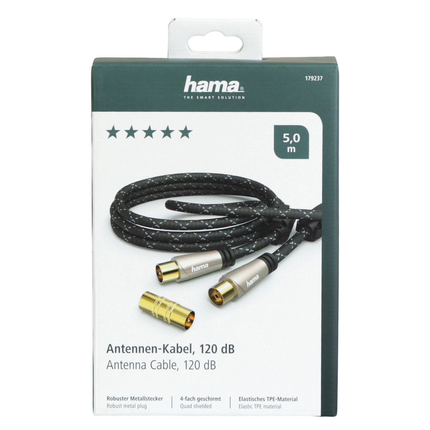 Hama HQ 5m Antennen-Kabel 120db Koaxial-Kabel Braun Video-Kabel, Koaxial, Koaxial (500 cm), Koax-Kabel Full HD TV 8K 4K UHD HD+ HDR 120 db Ferrit-Filter