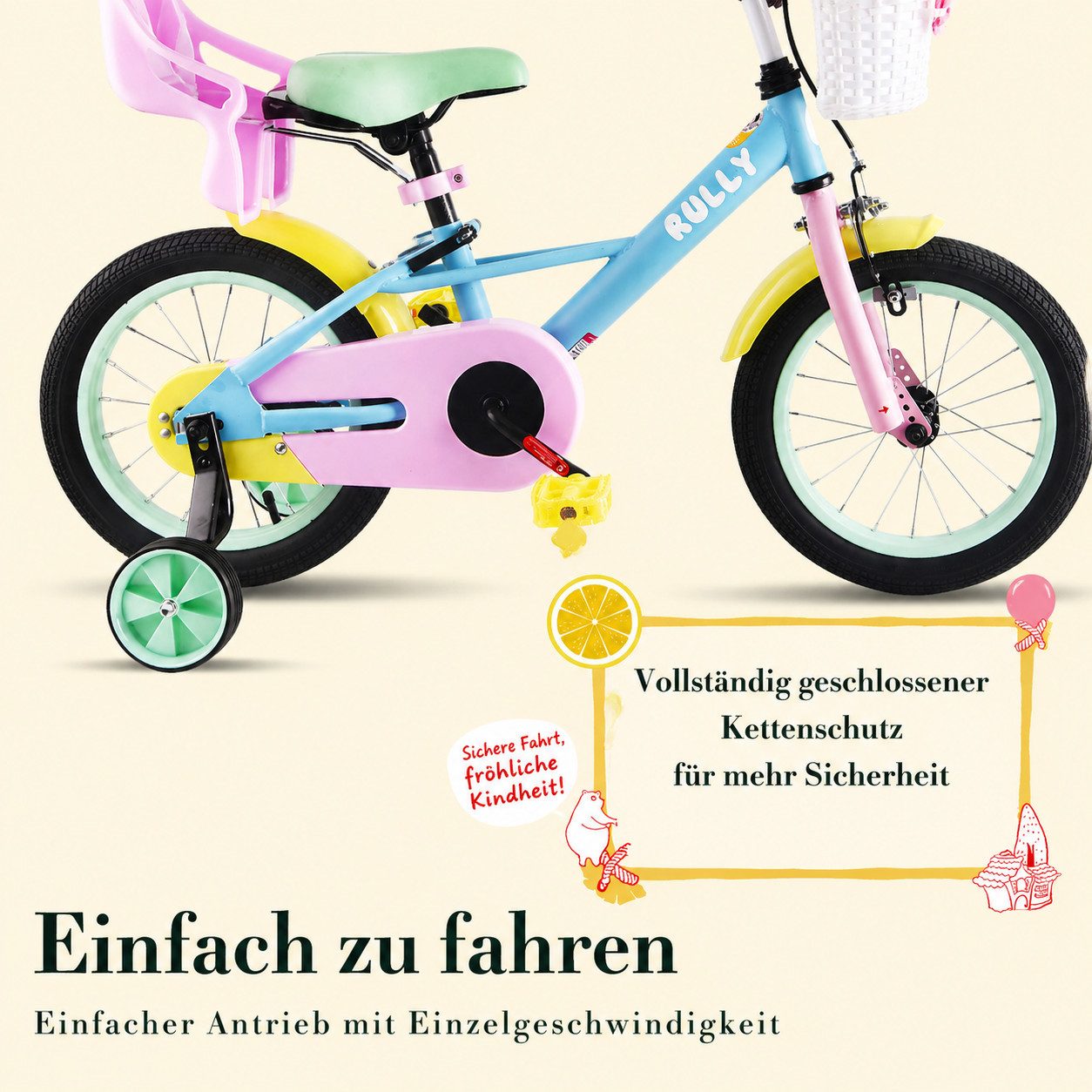 Vankel Kinderfahrrad 12–16 Zoll, mit Stützrädern, Korb und Puppensitz, 1 Gang, Rücktritt und Handbremse