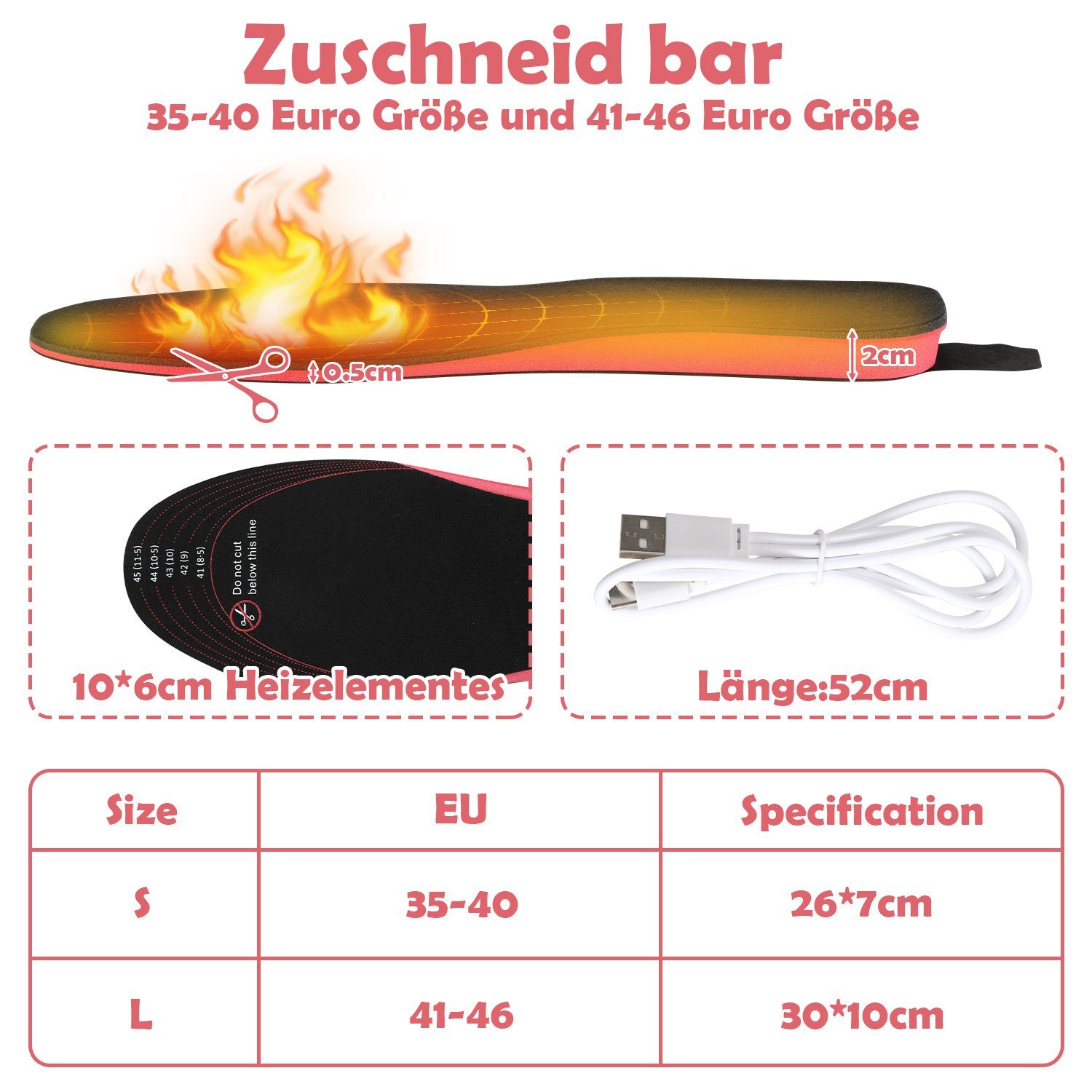 Gimisgu Thermosohlen Beheizte Einlegesohlen, 35-40, 3-stufige usb-Ladekabel USB 1 Temperaturregelung, Fernbedienung, Fernbedienung, mit (Set, 5-tlg., Paar), Wiederaufladbar