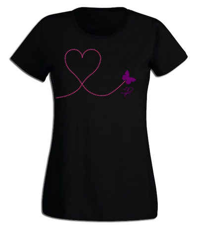 G-graphics T-Shirt Damen T-Shirt - Schmetterlingsherz Pink-Purple-Collection, mit trendigem Frontprint, Slim-fit, Aufdruck auf der Vorderseite, Print/Motiv, für jung & alt