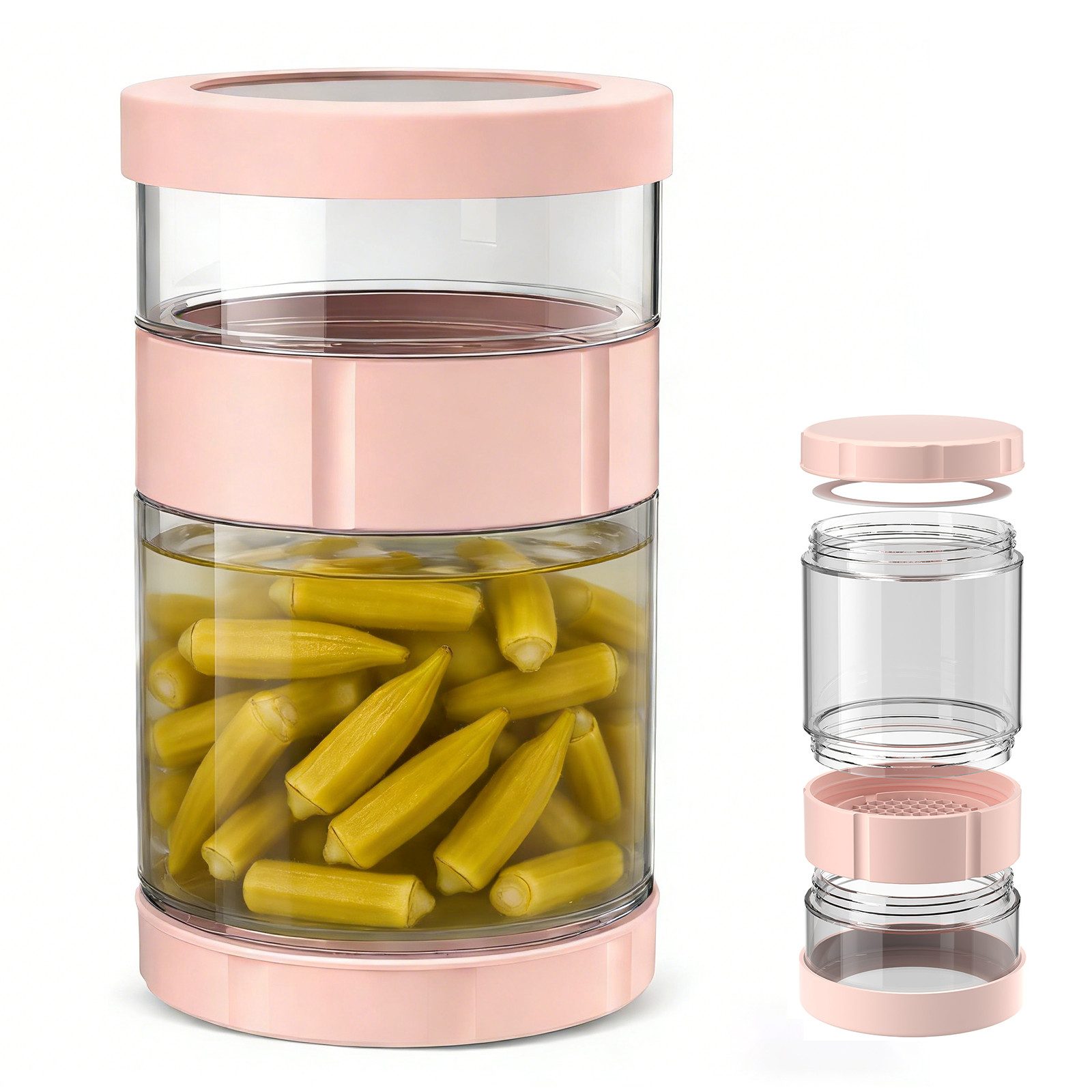 BlingBin Fermentationsglas Weithals Einmachglas mit Klappsieb & Silikondeckel, Glas, Silikon, ABS, (1 Stück, 1-tlg., 19,8 × 11 × 11 cm, Fassungsvermögen: 1500 ml), umkehrbare Nass-Trocken-Trennung für Gurkenfermentation und Einlegen