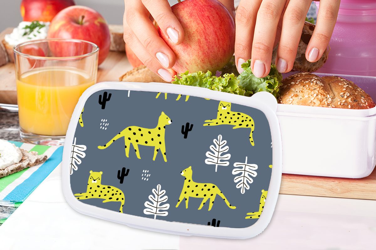 MuchoWow Lunchbox Erwachsene, Mädchen Kunststoff, Leopard Brotbox Blatt Brotdose, für und weiß Kinder - Muster, - für Jungs und (2-tlg)