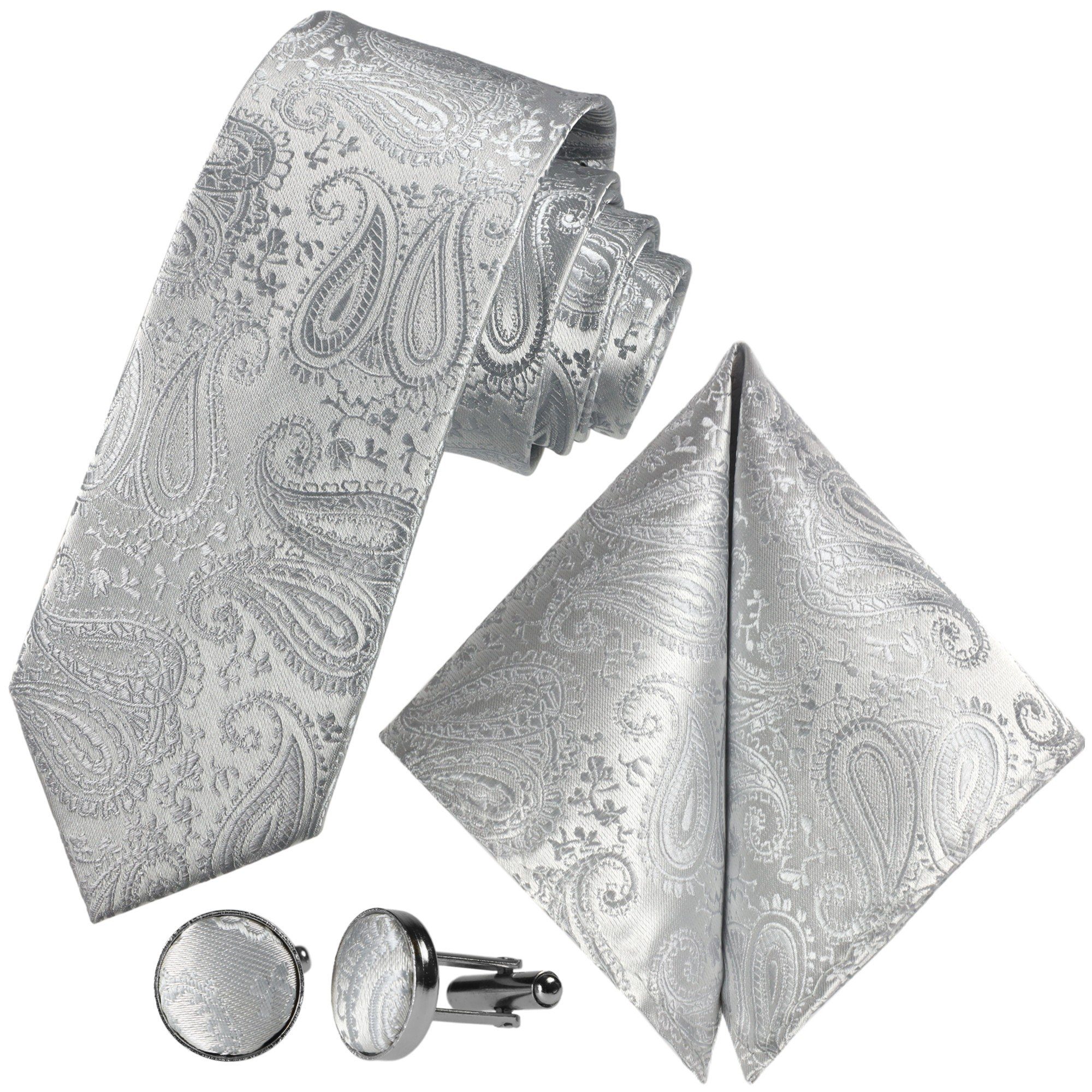 GASSANI Krawatte Hochzeitskrawatte Paisley Festlich, Herren-Krawatte Hochzeit Schlips (Set, 3-St., Krawattenset, Einstecktuch, Manschettenknöpfe) Dünn, Schmal, Slim Tie, Satin Jacquard Floral Gemustert, Seide-Touch Silber-Grau Hell-Grau Licht-Grau Rauchgrau