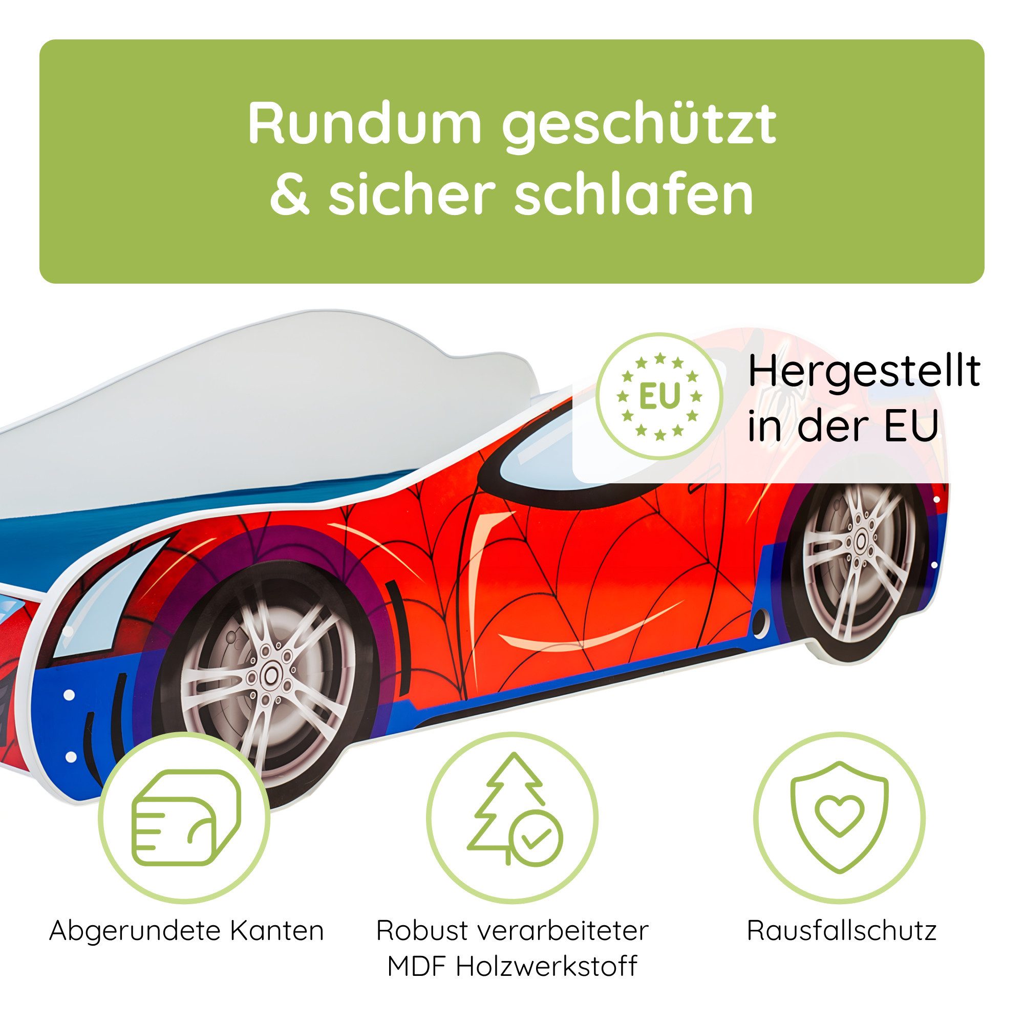 Kids Collective Kinderbett Kinderbett Jugendbett Spider 70x140, 80x160 cm mit Rausfallschutz, Autobett mit Lattenrost und Fallschutz 70x140 cm – Bild 4 von 5