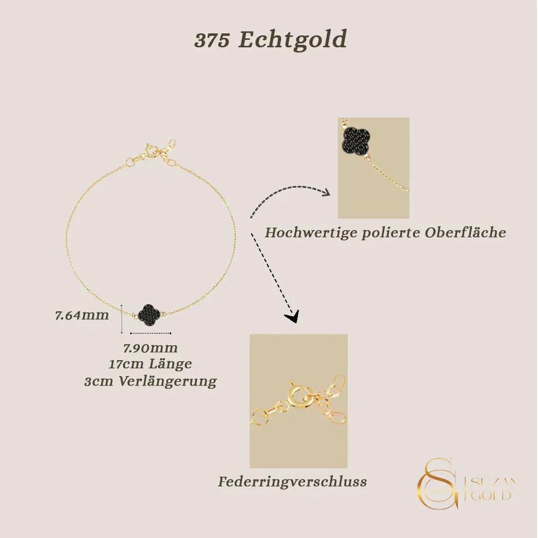 Suzan Gold Charm-Armband 375 Echtgold Noirleaf Fine schwarzes Kleeblatt