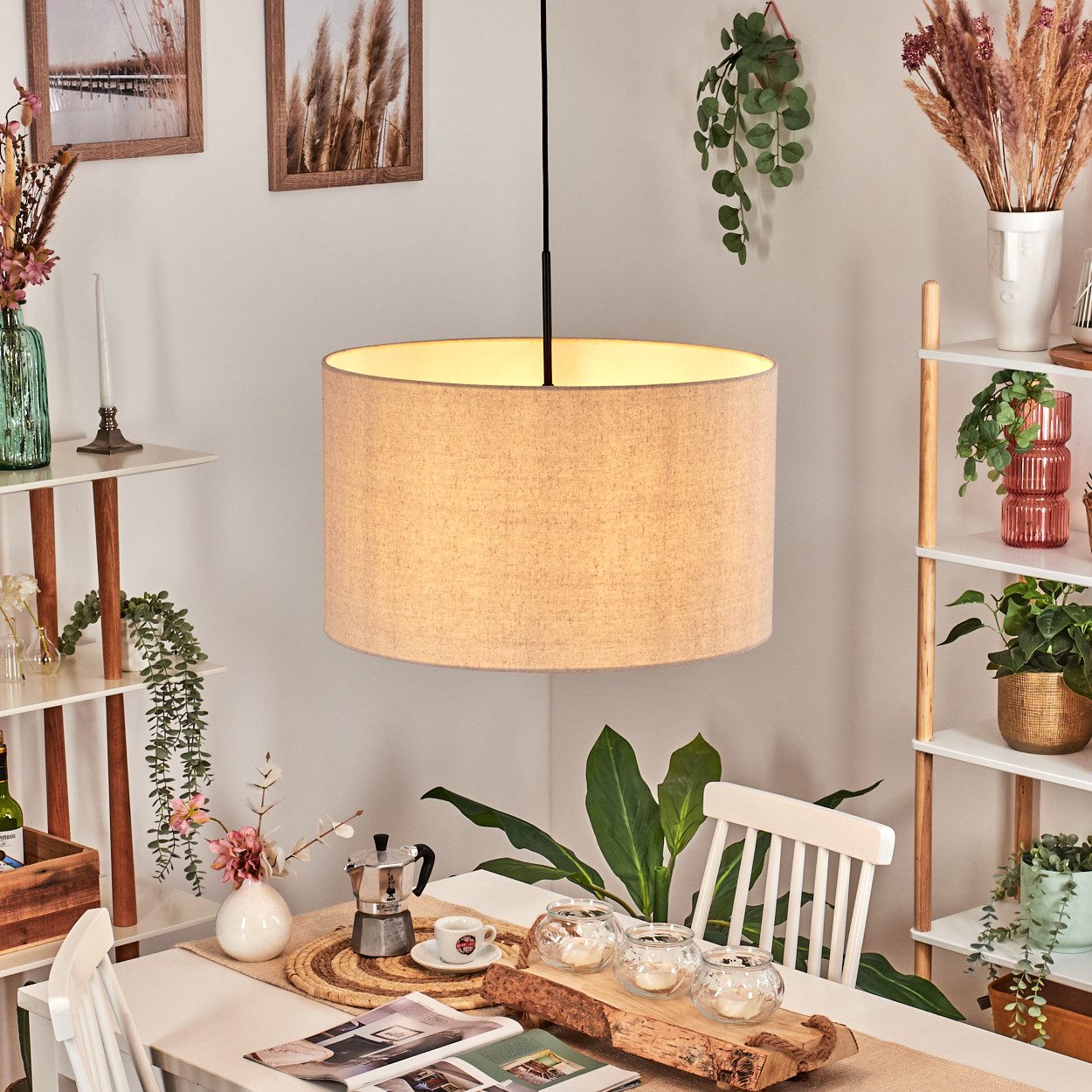 hofstein Hängeleuchte Hängelampe aus Metall/Stoff in Schwarz/Beige/Weiß, Hä günstig online kaufen