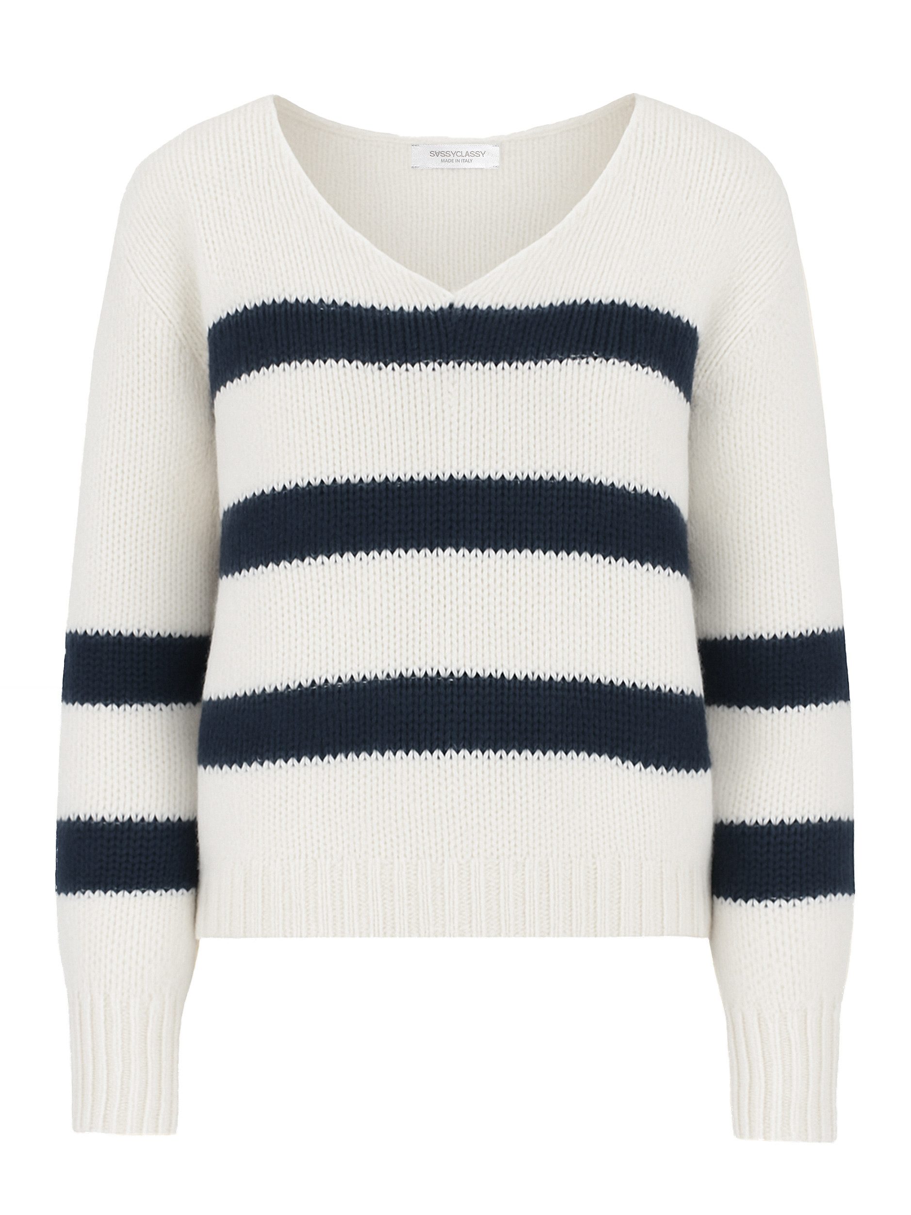 SASSYCLASSY Strickpullover Oversize Pullover Damen mit V-Ausschnitt Elegant Strickpullover mit Streifen aus weichem Grobstrick Schwarz Beige Grau