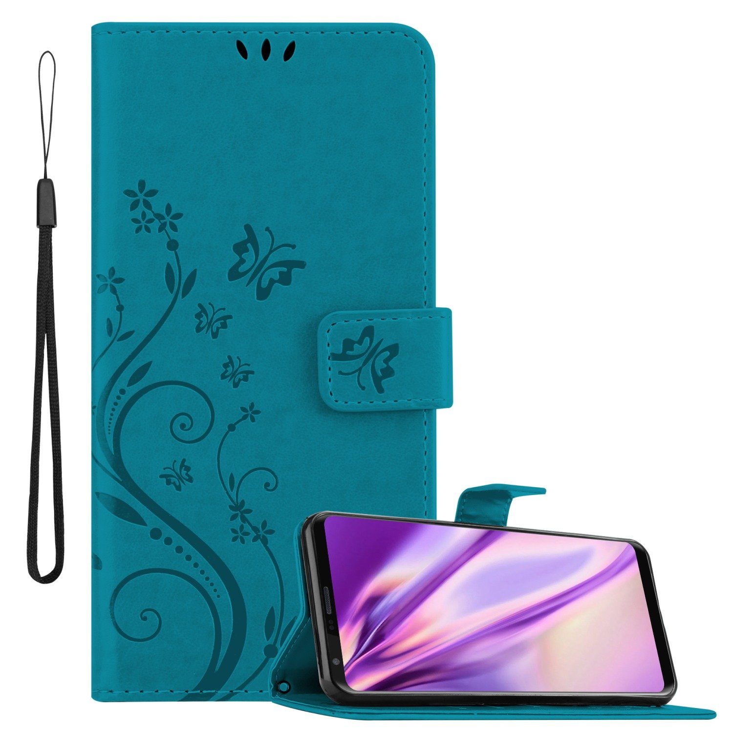 Cadorabo Handyhülle für LG V30 / V30+ / V30S / V30S+ Hülle LG V30 / V30+ / V30S / V30S+, Hülle Schutzhülle Blumen Flower mit Standfunktion Kartenfach Magnet