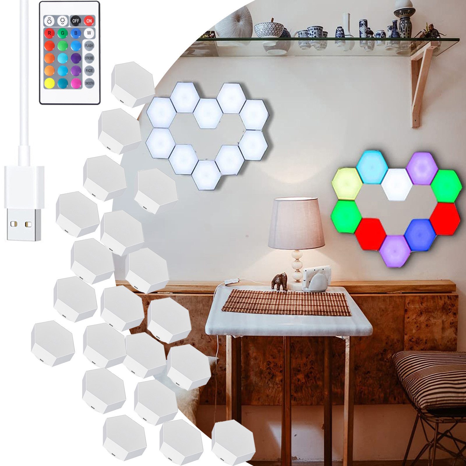 Jibenhome LED Dekolicht Sechseckige LED Wandleuchte Dimmbar Gaming Panel Hexagon Nachtlicht, RGB mit Fernbedienung,20 Stück, LED fest integriert, Wandlampe LED Dekolicht für Heimwerker,Geschenke,Spielzimmer
