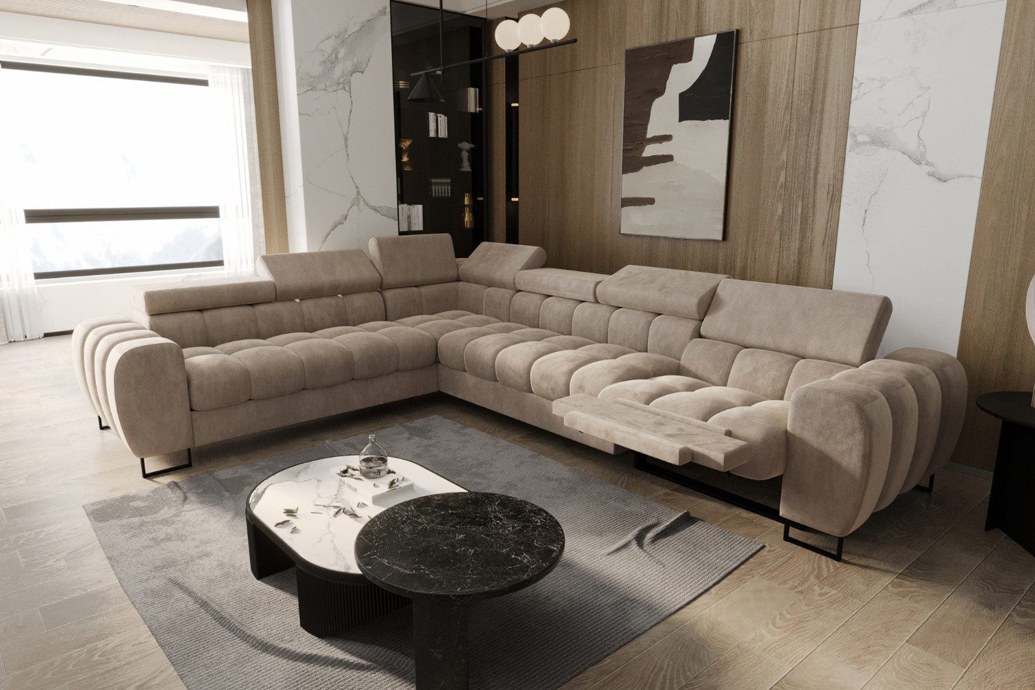 Friderik-EU Ecksofa Aspen Max Relax, L-Form Modernes Sofa mit Schlaffunktion, 330x260 cm, Couch mit verstellbaren Kopfstützen, Liegefläche 117x190cm, Schlafsofa
