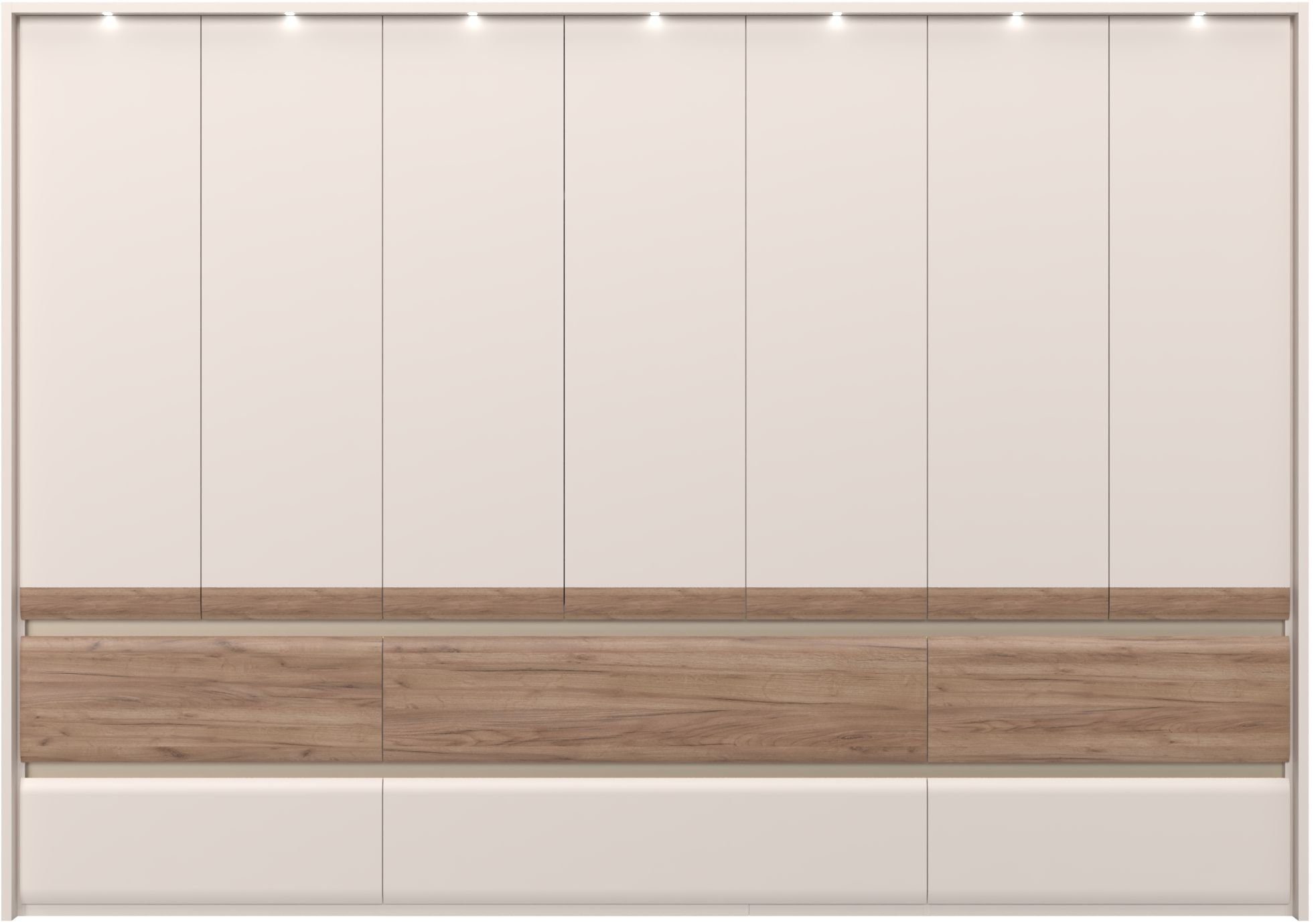 OTTO home Kleiderschrank Invictus, UV lackiert, kratzfest, FSC-zertifiziert, grifflose Optik (abgerundete Schubladen aus MDF im Holzdekor, soft-close) mit Beleuchtung und Passpartourahmen, hoher Schrank (226cm), 6 Breiten