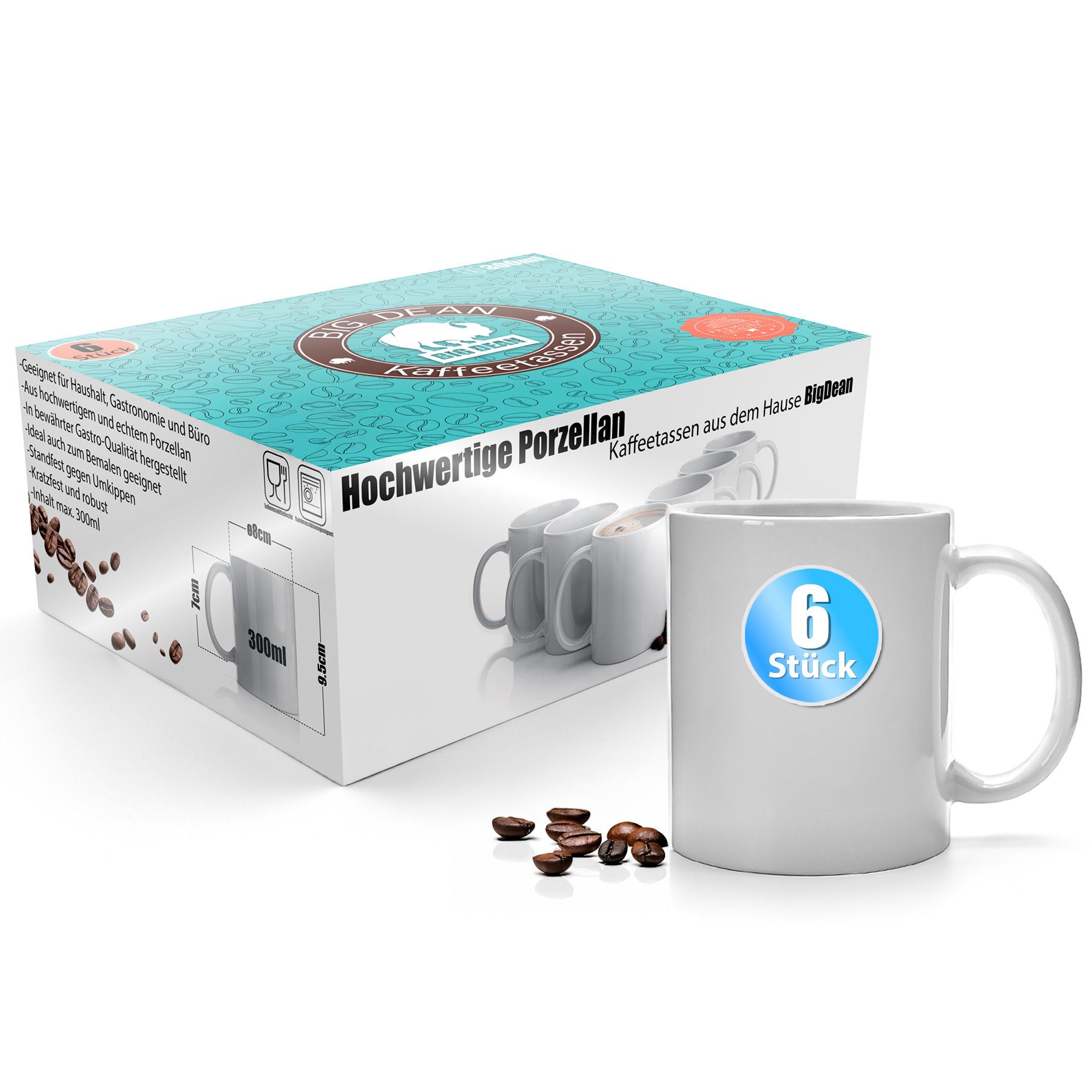 BigDean Tasse 6 Stück Kaffeebecher weiß 300ml – Kaffeetassen aus Porzellan, 6-tlg., Porzellan, Lebensmittelecht, Spülmaschinenfest, Kratzfest.